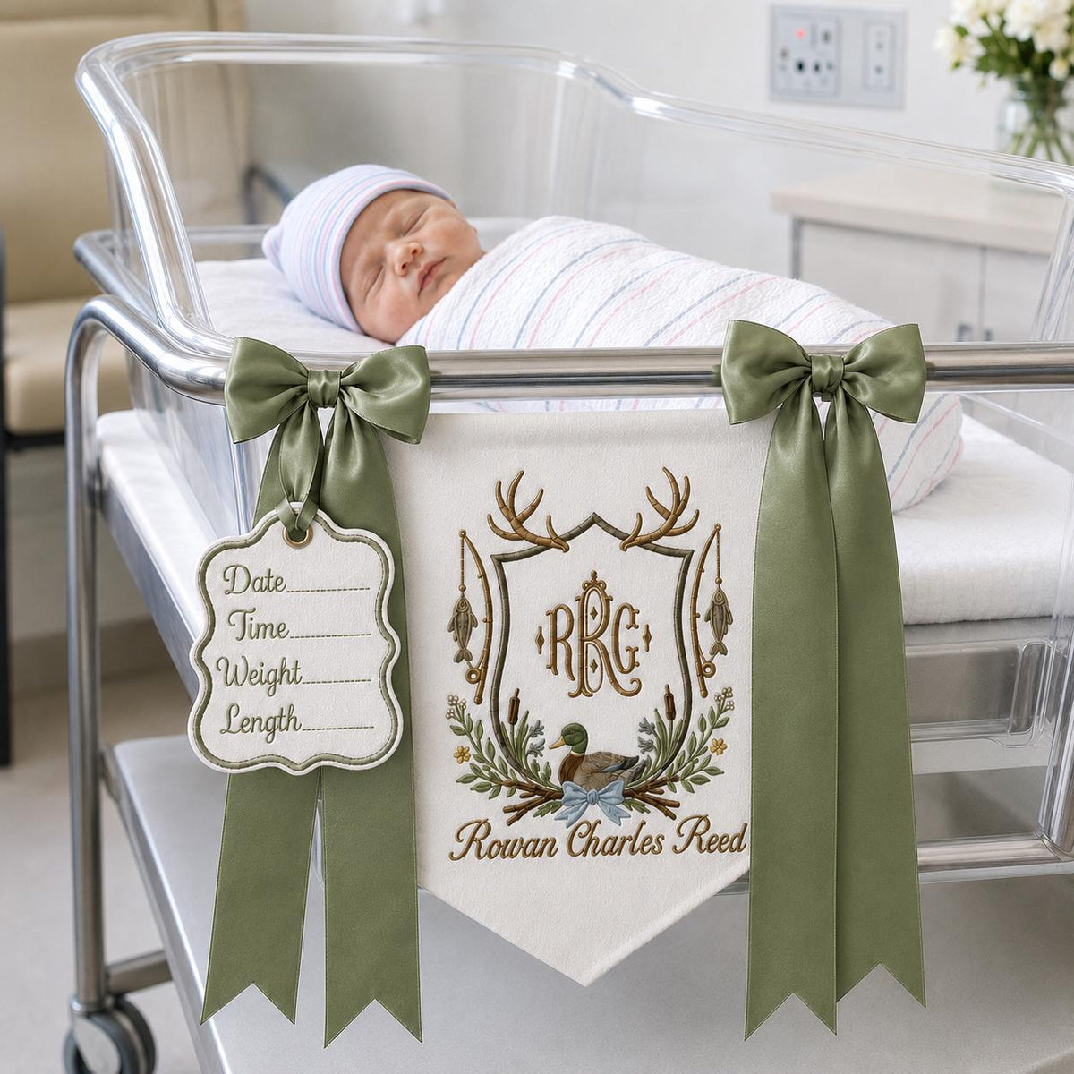 Personalized Duck Monogram Banner, Embroidered Name Birth Announcement, Hunting Nursery Bassinet Decor, Newborn Boy Gift