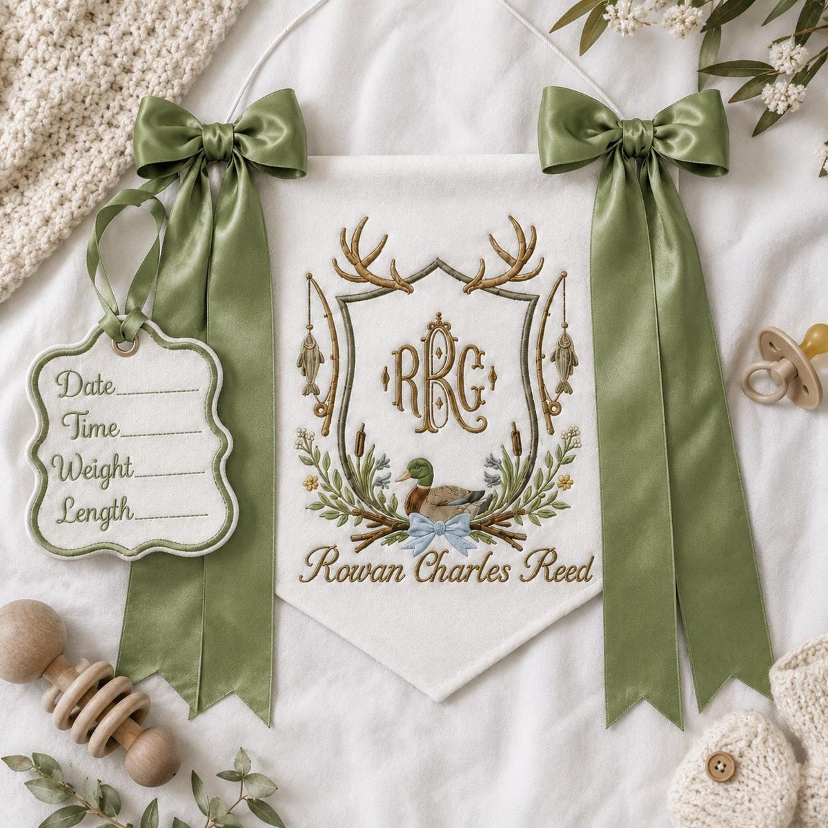 Personalized Duck Monogram Banner, Embroidered Name Birth Announcement, Hunting Nursery Bassinet Decor, Newborn Boy Gift