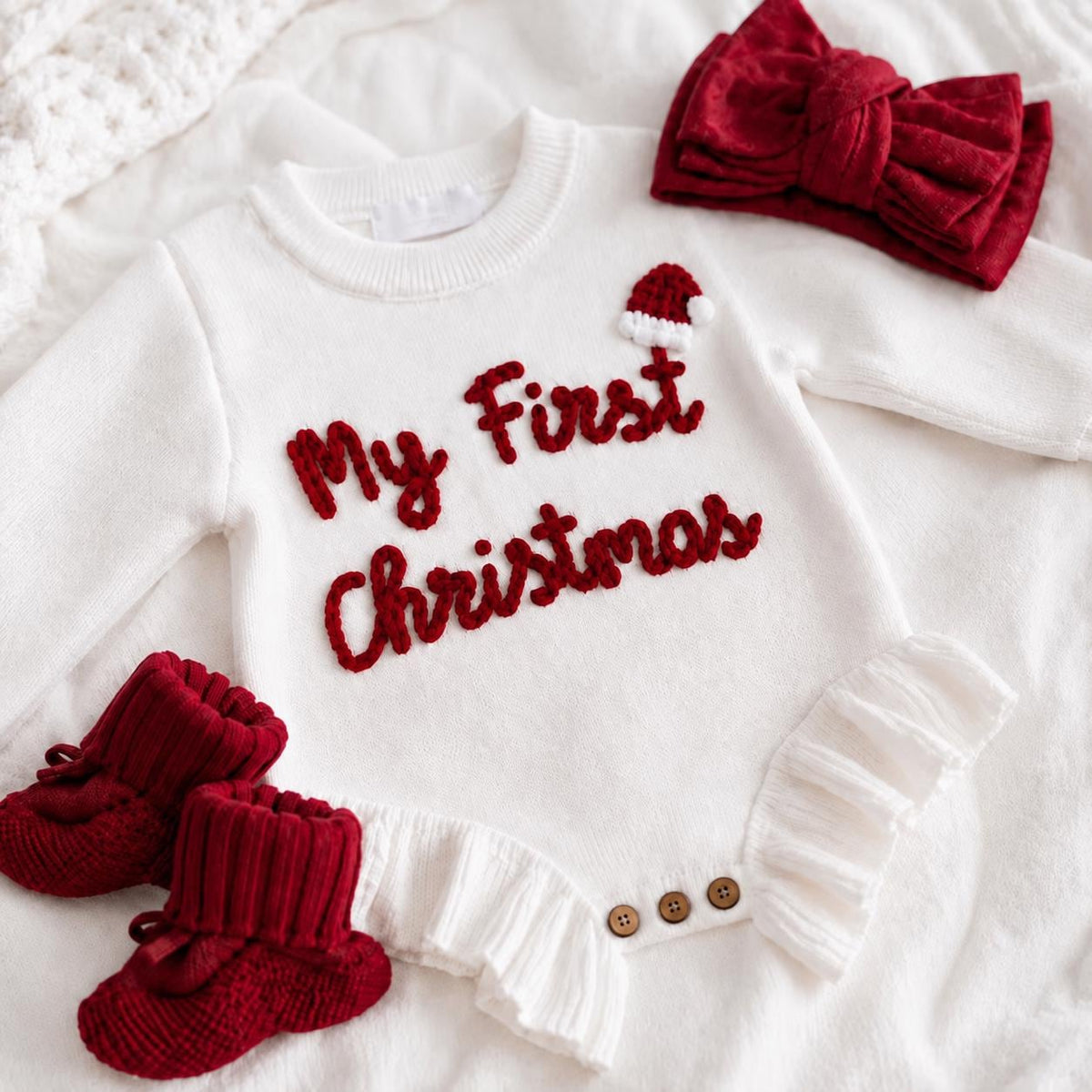 My First Christmas Romper, Embroidered Baby Knit Bodysuit, Newborn Holiday Outfit, Infant Christmas Photo Prop, Baby Gift
