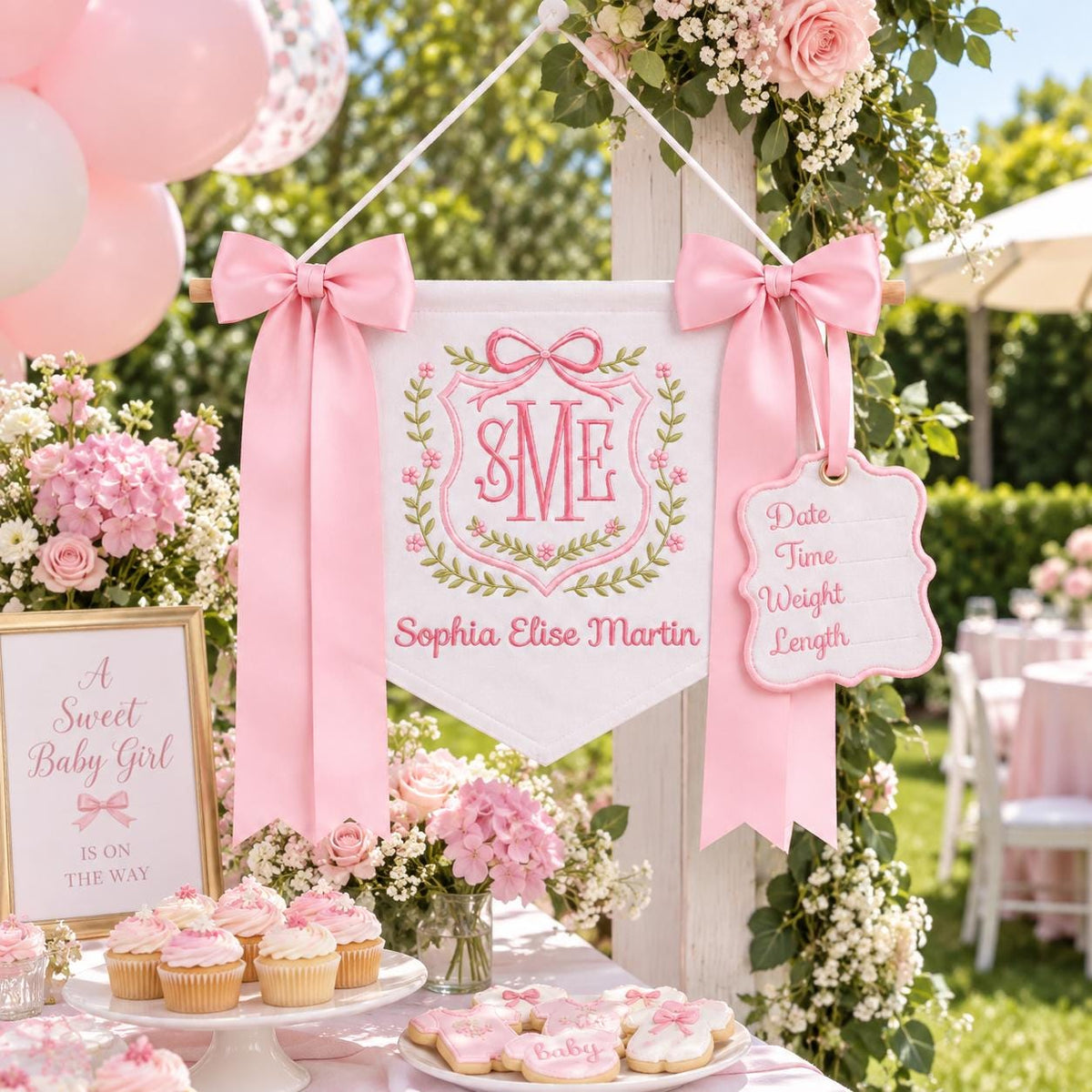 Custom Baby Banner with Birth Name Tag, Welcome Banner with Floral Crest, Bows Baby Banner, Hospital Door Sign, Baby Shower Gifts