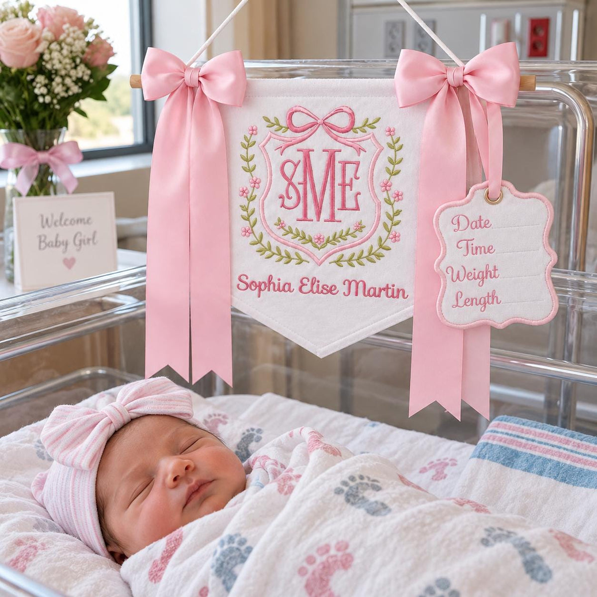Custom Baby Banner with Birth Name Tag, Welcome Banner with Floral Crest, Bows Baby Banner, Hospital Door Sign, Baby Shower Gifts