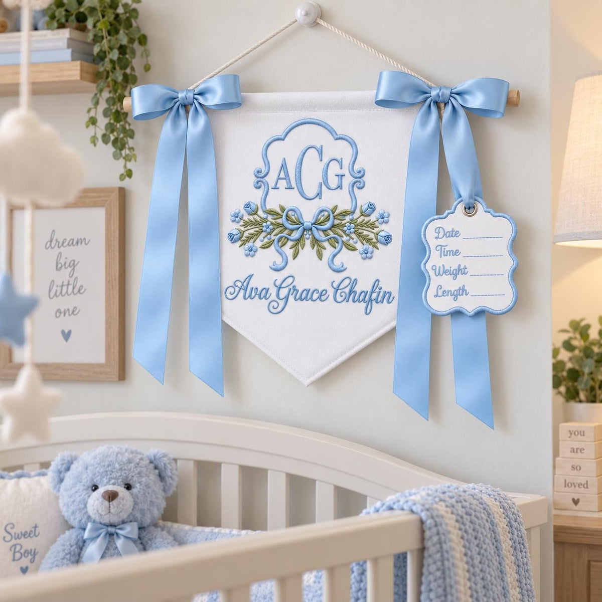Custom Baby Banner with Birth Name Tag, Welcome Banner with Floral Crest, Bows Baby Banner, Hospital Door Sign, Baby Shower Gifts