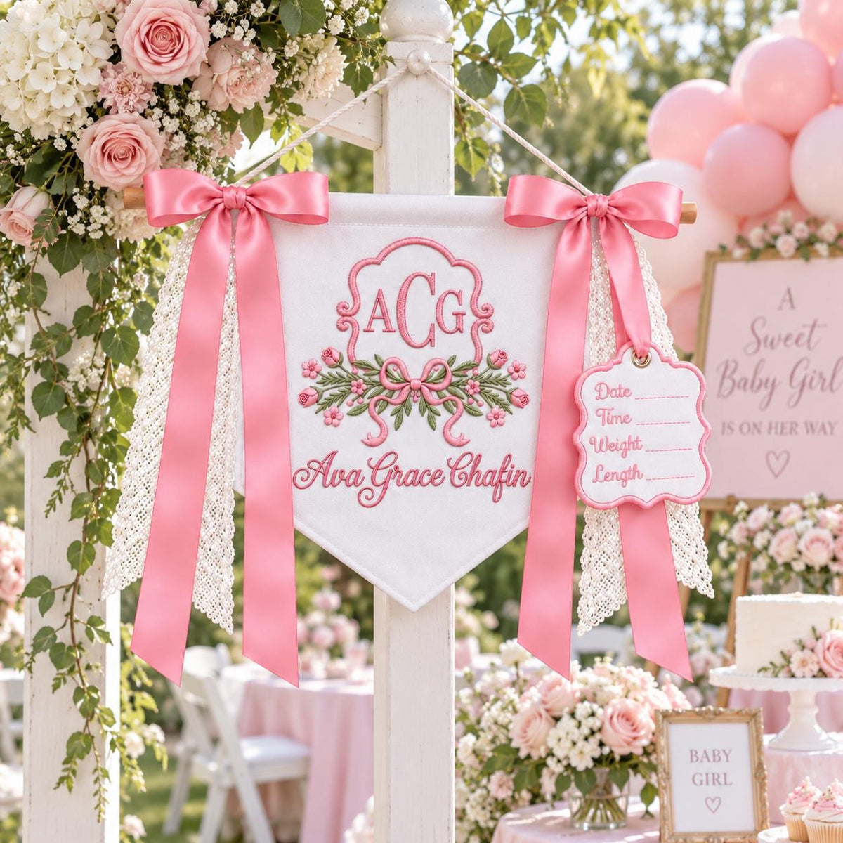 Custom Baby Banner with Birth Name Tag, Welcome Banner with Floral Crest, Bows Baby Banner, Hospital Door Sign, Baby Shower Gifts