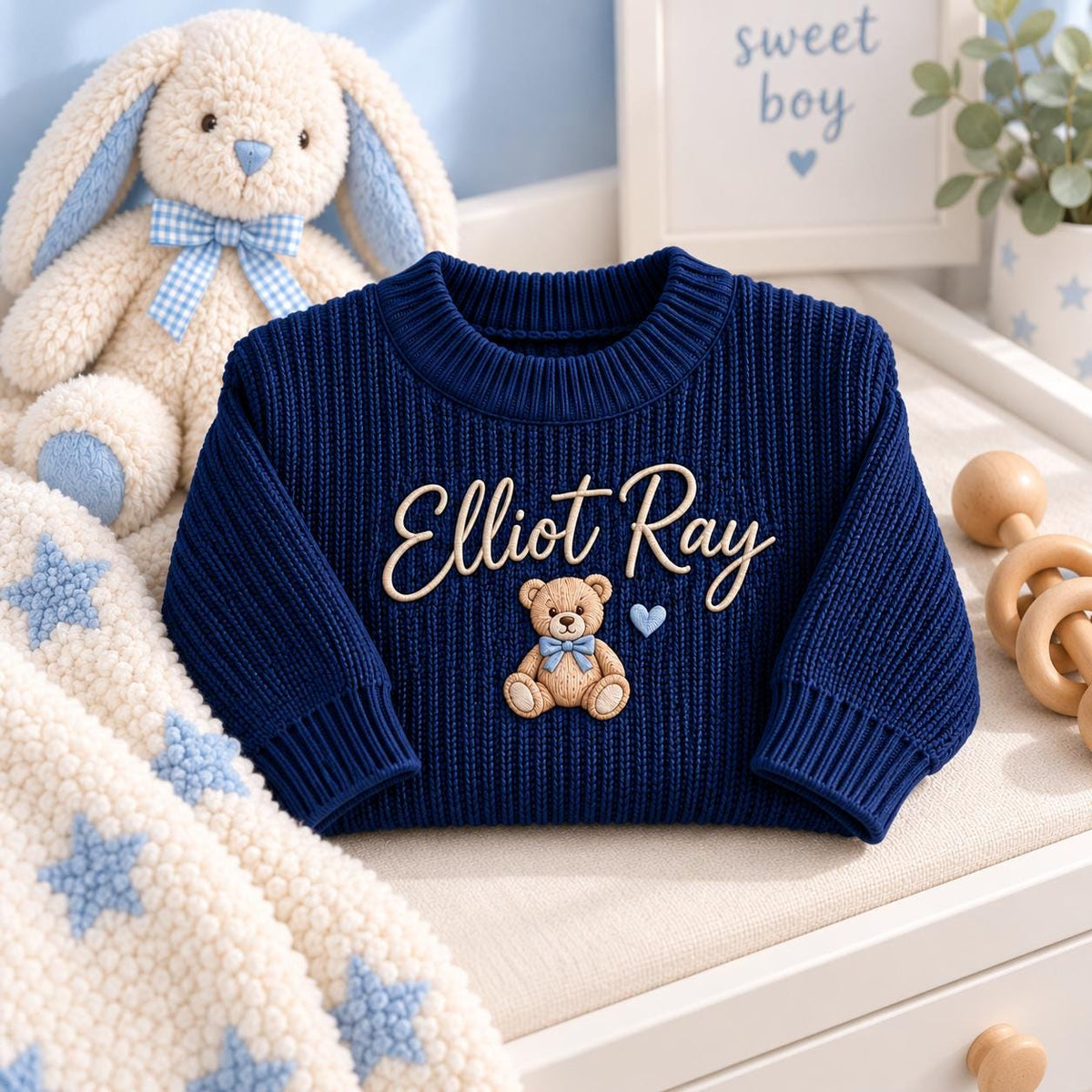 Personalized Baby Sweater with Name, Custom Baby Name Sweater for Newborn Boy Girl, Embroidered Knit Toddler Pullover, First Birthday