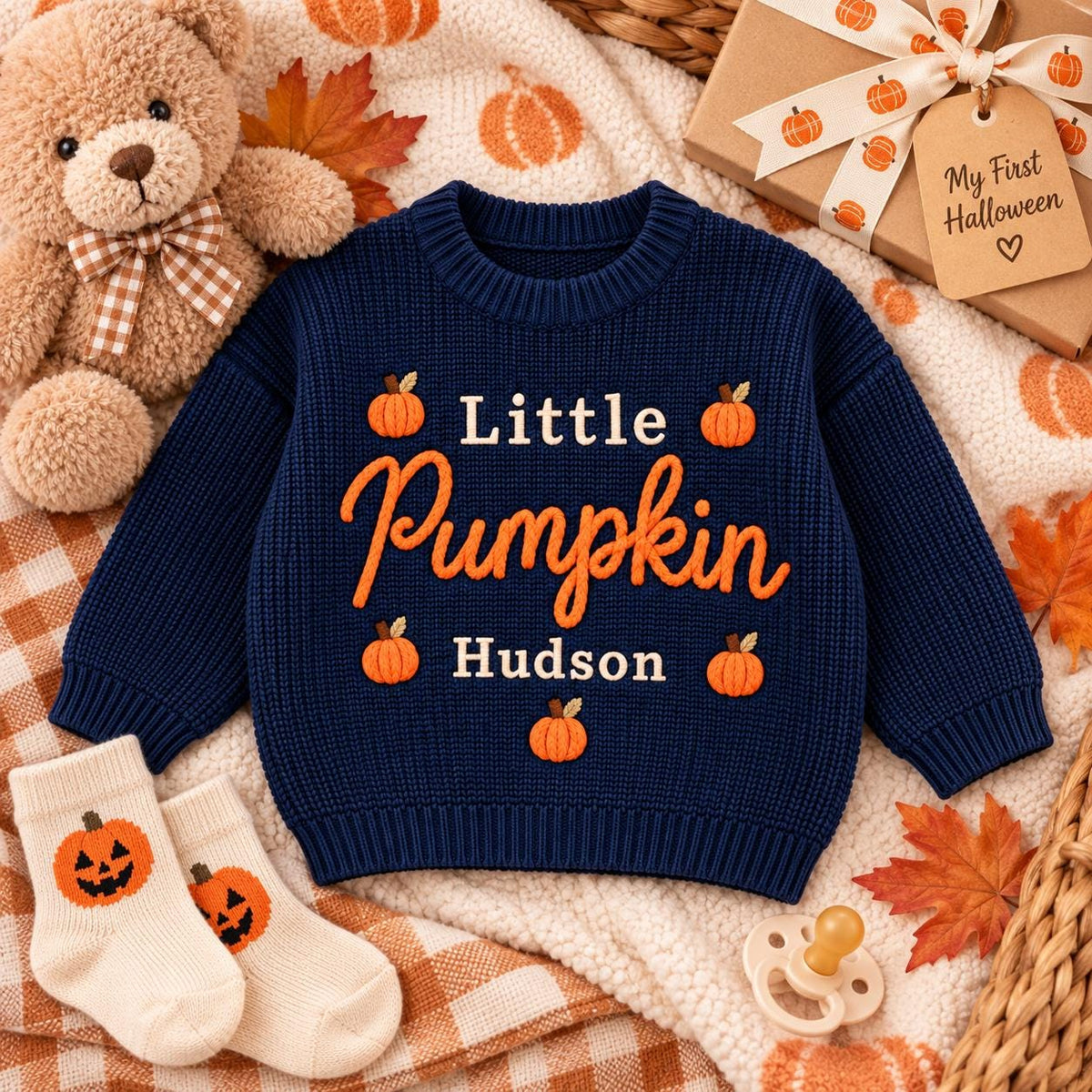 Personalized Little Pumpkin Baby Sweater, Custom Name Fall Sweater, Embroidered Pumpkin Knit Pullover, Newborn Toddler Thanksgiving Outfit