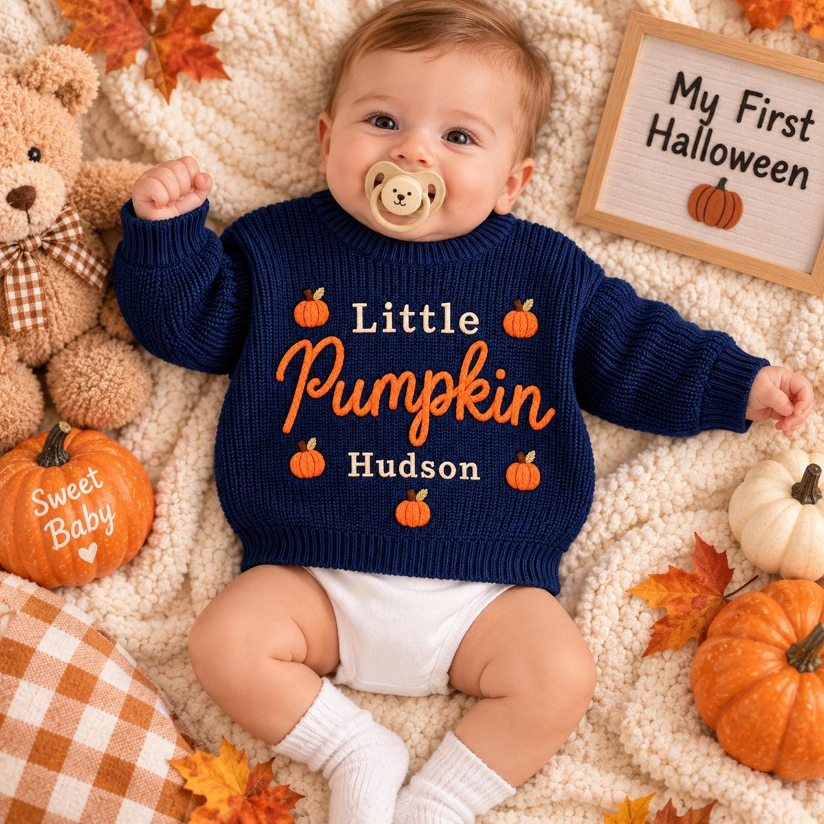 Personalized Little Pumpkin Baby Sweater, Custom Name Fall Sweater, Embroidered Pumpkin Knit Pullover, Newborn Toddler Thanksgiving Outfit