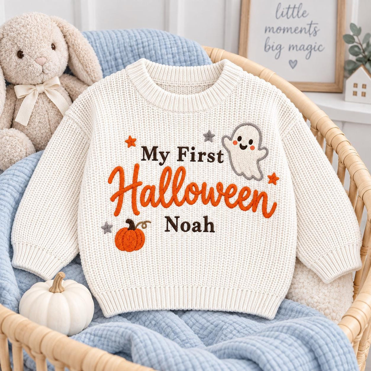 My First Halloween Baby Sweater, Personalized Baby Name Sweater, Embroidered Ghost Pumpkin Knit Pullover, Newborn First Halloween Outfit