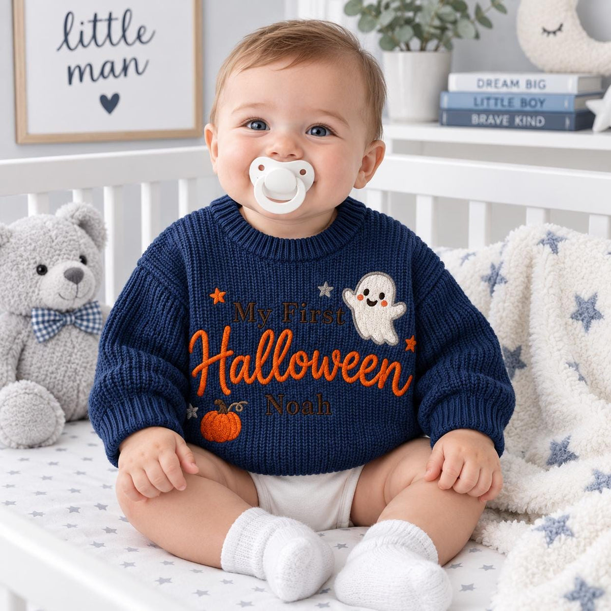 My First Halloween Baby Sweater, Personalized Baby Name Sweater, Embroidered Ghost Pumpkin Knit Pullover, Newborn First Halloween Outfit