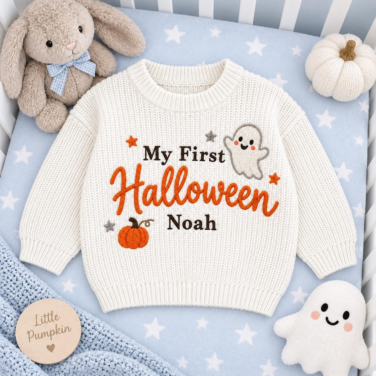 My First Halloween Baby Sweater, Personalized Baby Name Sweater, Embroidered Ghost Pumpkin Knit Pullover, Newborn First Halloween Outfit