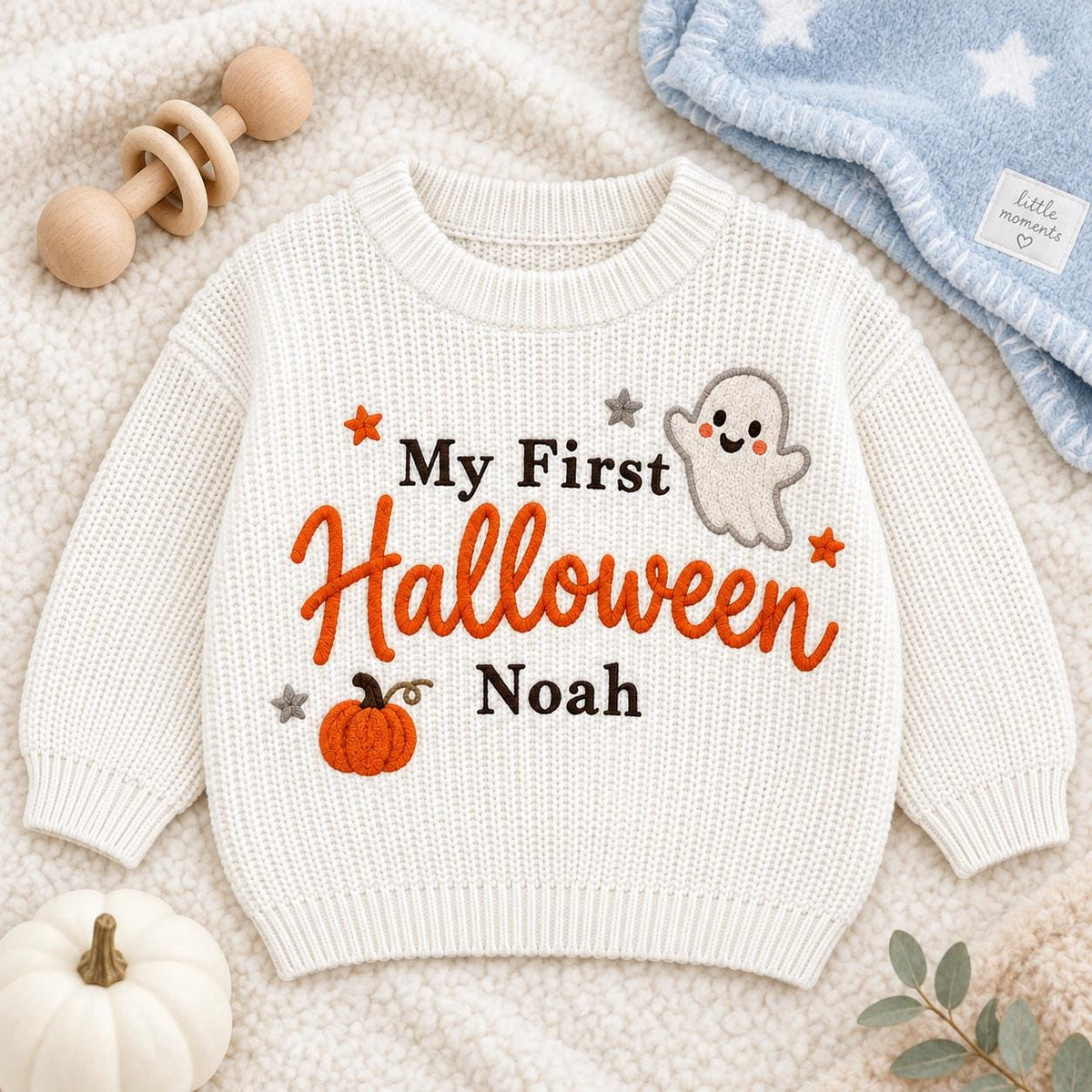 My First Halloween Baby Sweater, Personalized Baby Name Sweater, Embroidered Ghost Pumpkin Knit Pullover, Newborn First Halloween Outfit