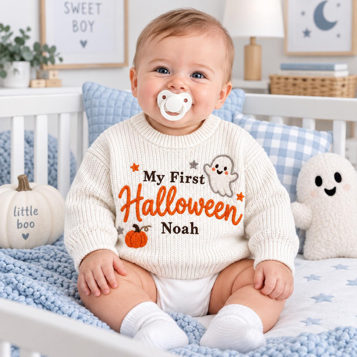 My First Halloween Baby Sweater, Personalized Baby Name Sweater, Embroidered Ghost Pumpkin Knit Pullover, Newborn First Halloween Outfit
