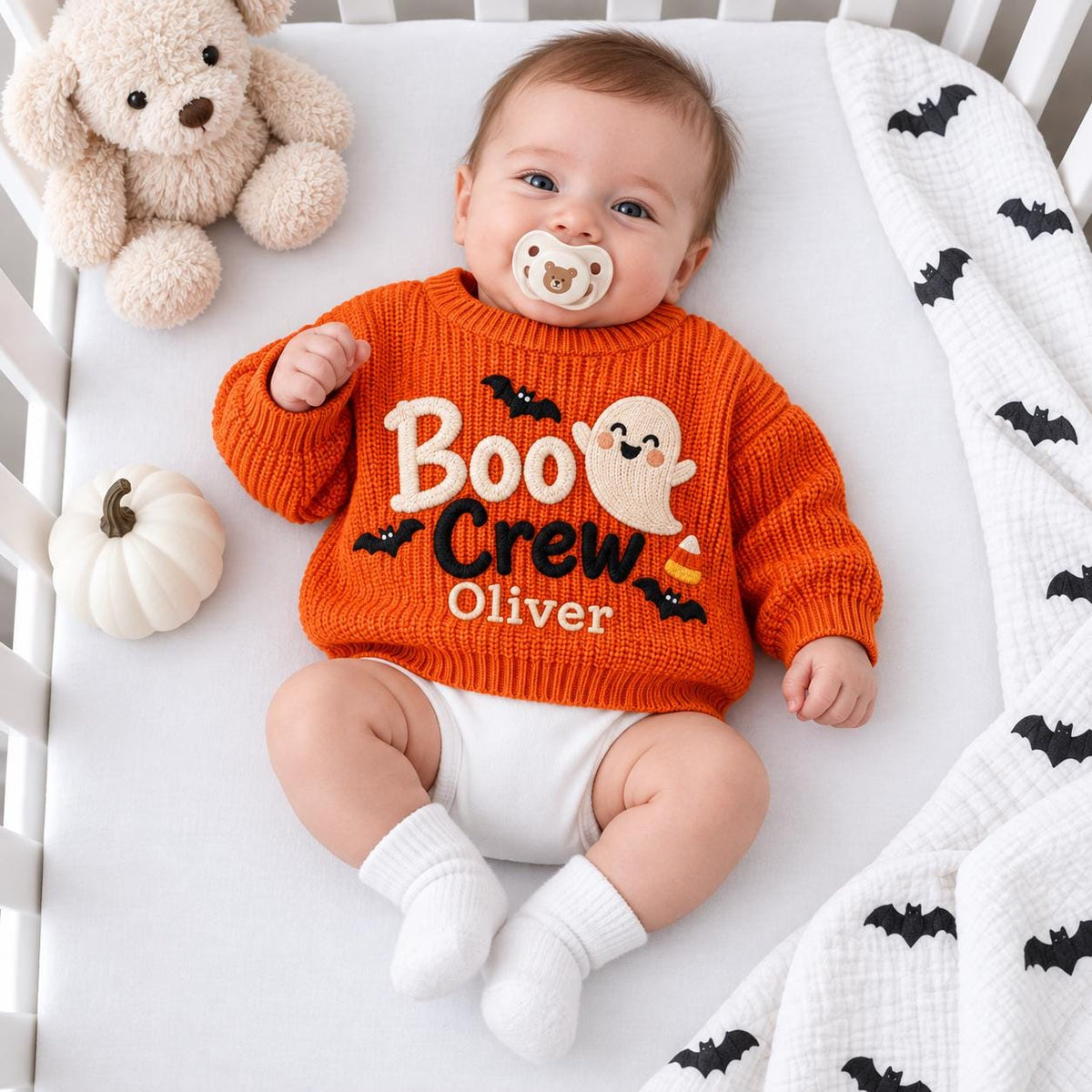 Personalized Halloween Baby Sweater, Boo Crew Custom Name Sweater, Embroidered Ghost Bat Baby Knit Pullover, Toddler Halloween Outfit