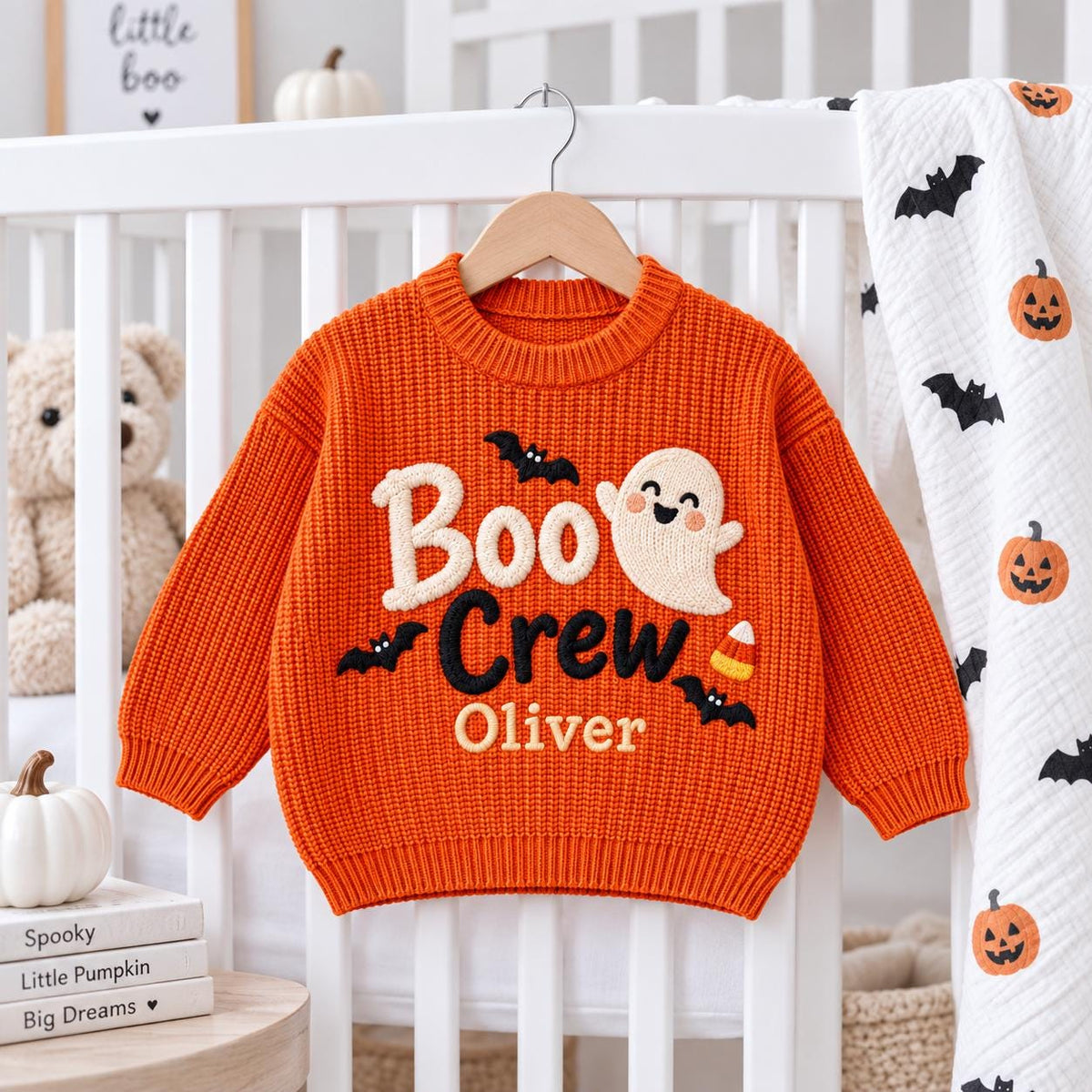 Personalized Halloween Baby Sweater, Boo Crew Custom Name Sweater, Embroidered Ghost Bat Baby Knit Pullover, Toddler Halloween Outfit