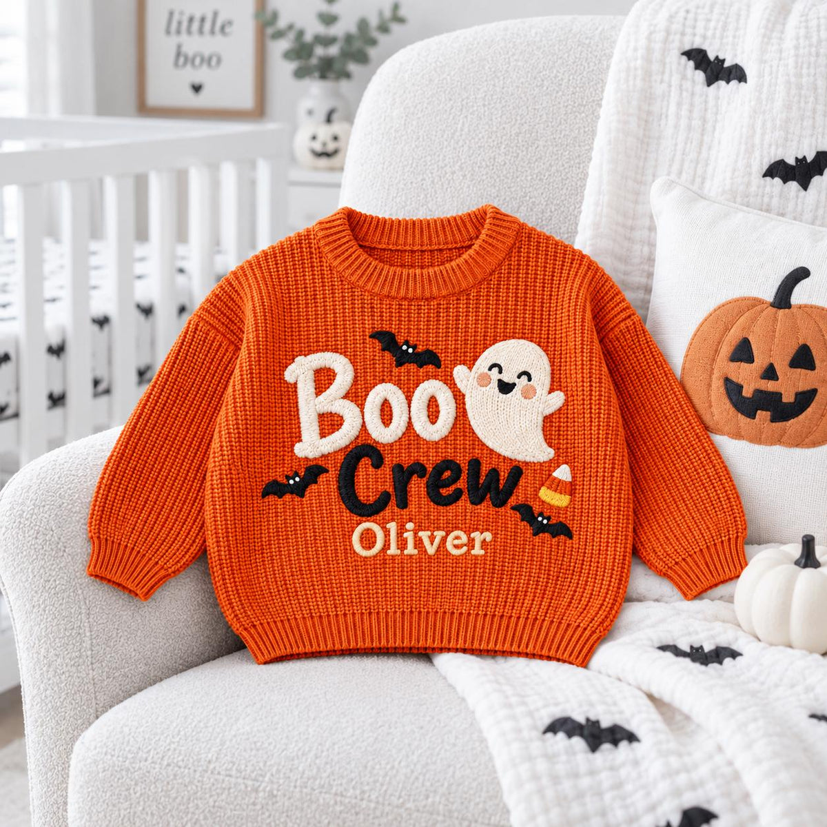 Personalized Halloween Baby Sweater, Boo Crew Custom Name Sweater, Embroidered Ghost Bat Baby Knit Pullover, Toddler Halloween Outfit