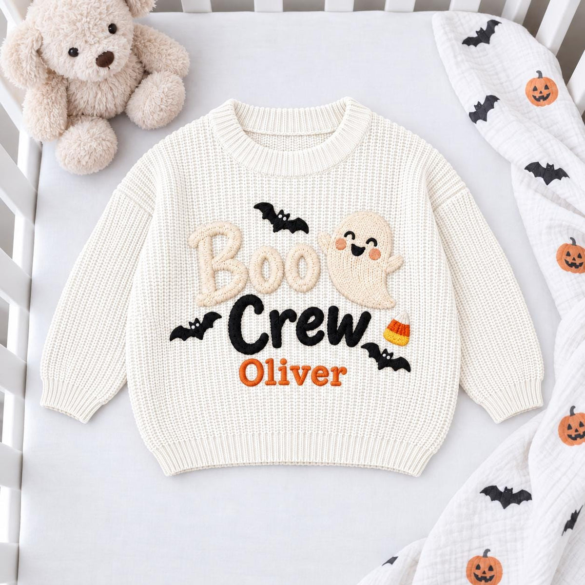 Personalized Halloween Baby Sweater, Boo Crew Custom Name Sweater, Embroidered Ghost Bat Baby Knit Pullover, Toddler Halloween Outfit