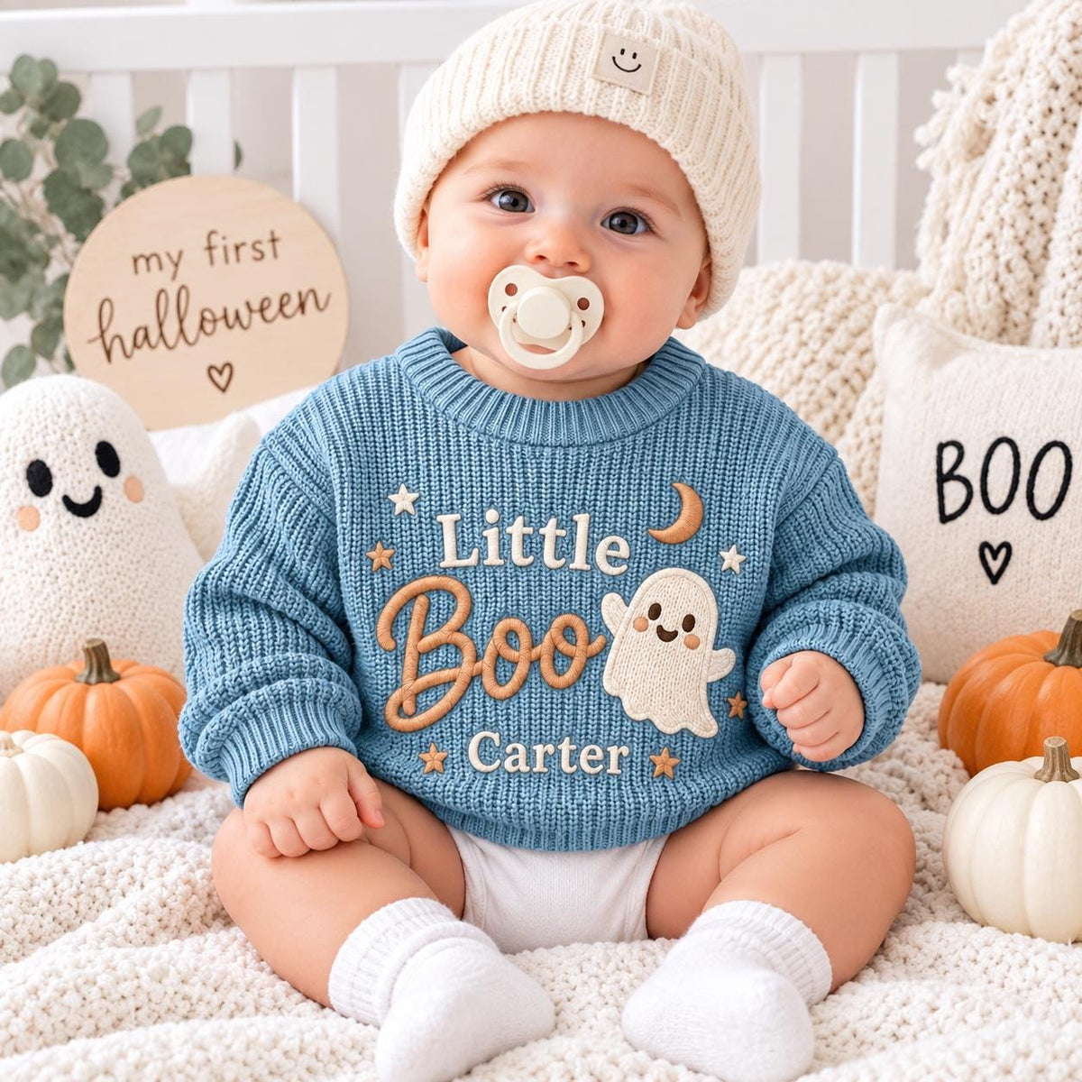 Personalized Little Boo Baby Sweater, Custom Name Ghost Sweater, Embroidered Halloween Baby Knit Pullover, Newborn Toddler Spooky Outfit