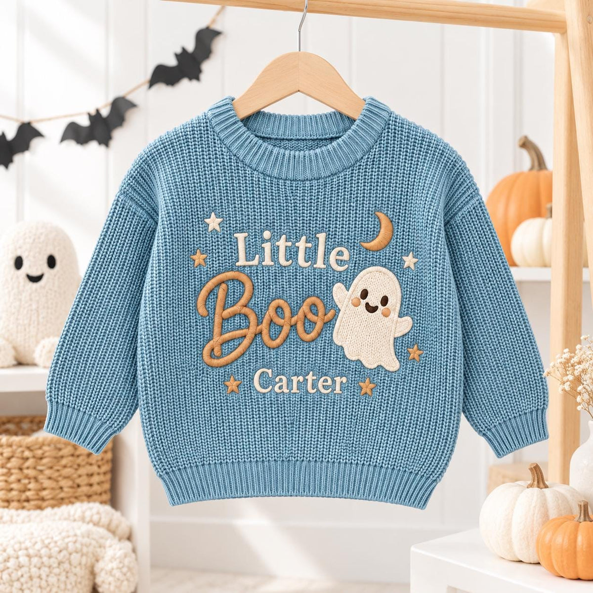 Personalized Little Boo Baby Sweater, Custom Name Ghost Sweater, Embroidered Halloween Baby Knit Pullover, Newborn Toddler Spooky Outfit