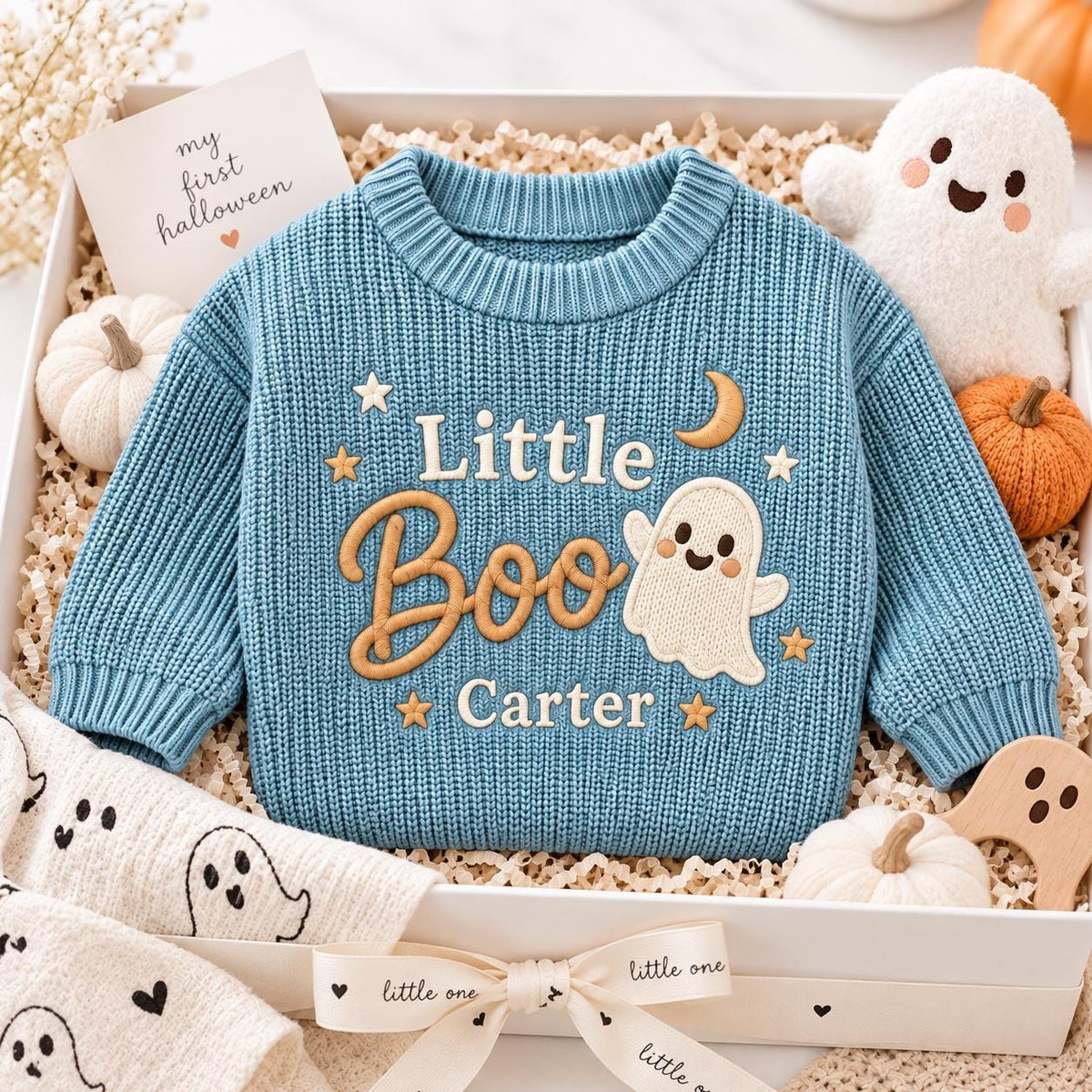 Personalized Little Boo Baby Sweater, Custom Name Ghost Sweater, Embroidered Halloween Baby Knit Pullover, Newborn Toddler Spooky Outfit