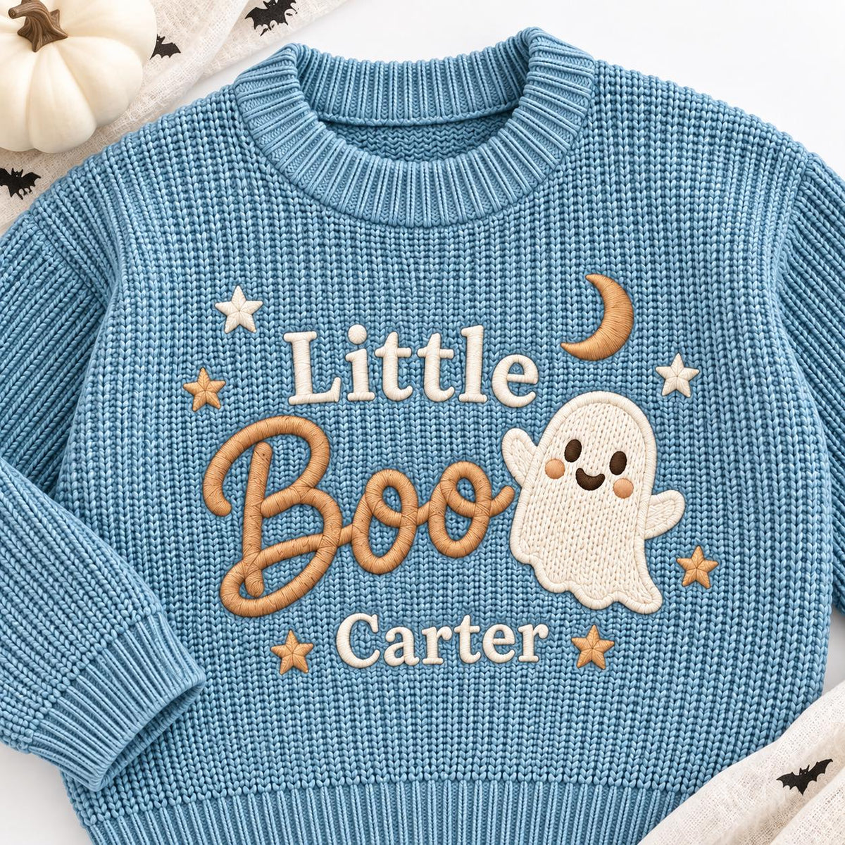 Personalized Little Boo Baby Sweater, Custom Name Ghost Sweater, Embroidered Halloween Baby Knit Pullover, Newborn Toddler Spooky Outfit