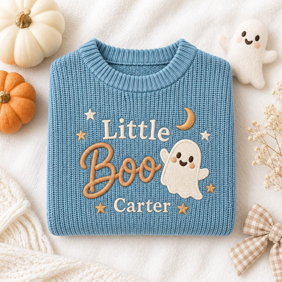 Personalized Little Boo Baby Sweater, Custom Name Ghost Sweater, Embroidered Halloween Baby Knit Pullover, Newborn Toddler Spooky Outfit