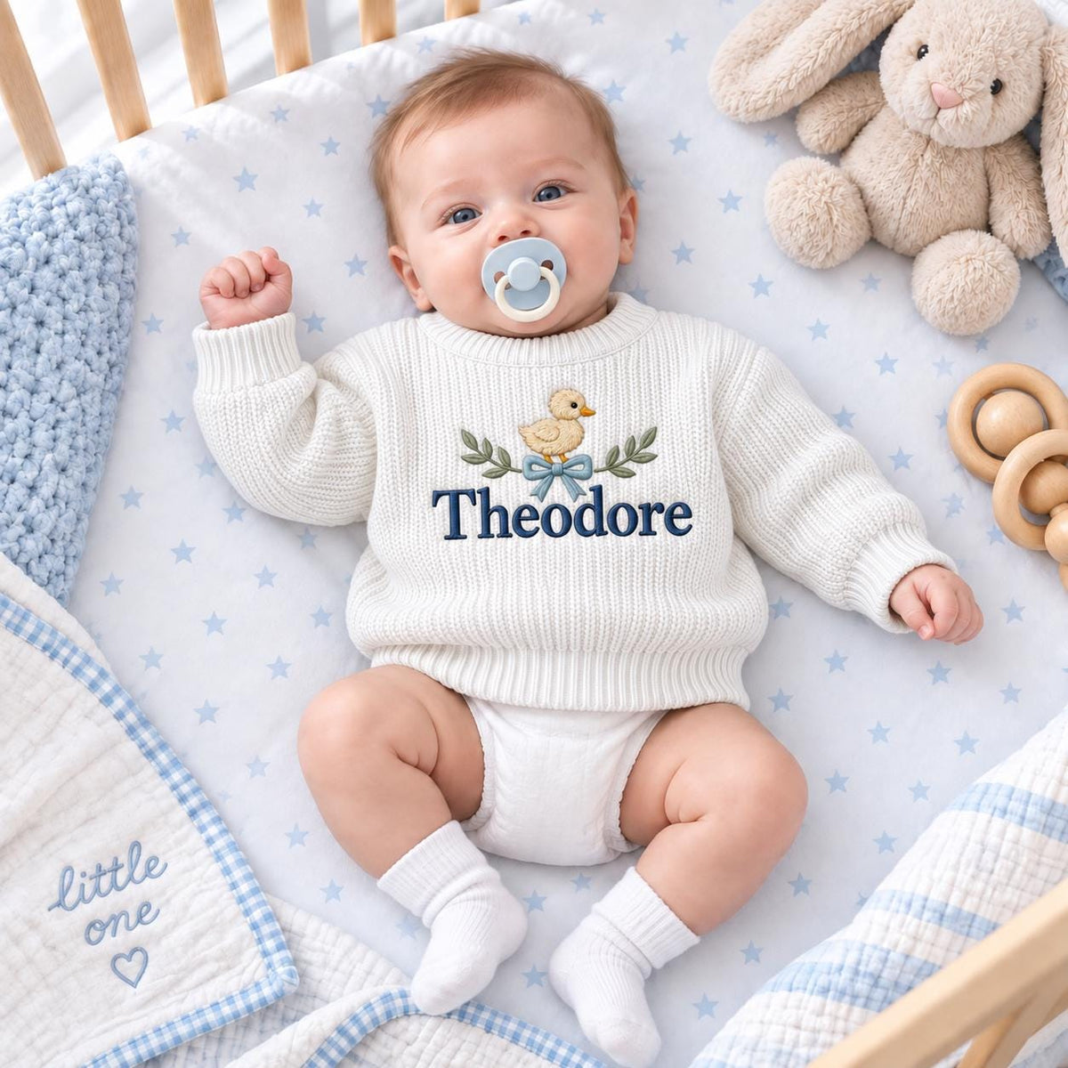Personalized Baby Sweater, Custom Name Duckling Sweater, Embroidered Baby Boy Knit Pullover, Newborn Toddler Baby Shower Gift