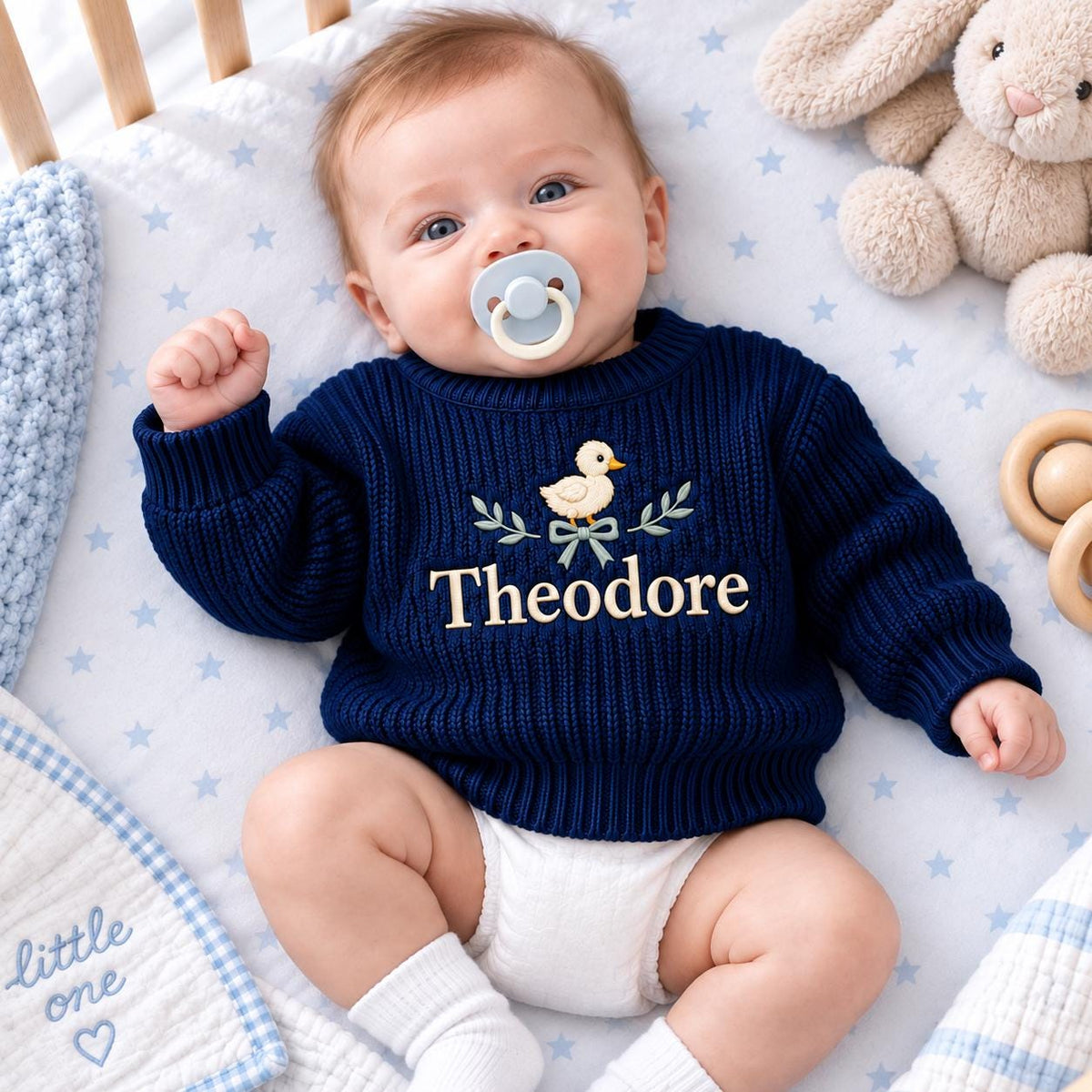 Personalized Baby Sweater, Custom Name Duckling Sweater, Embroidered Baby Boy Knit Pullover, Newborn Toddler Baby Shower Gift