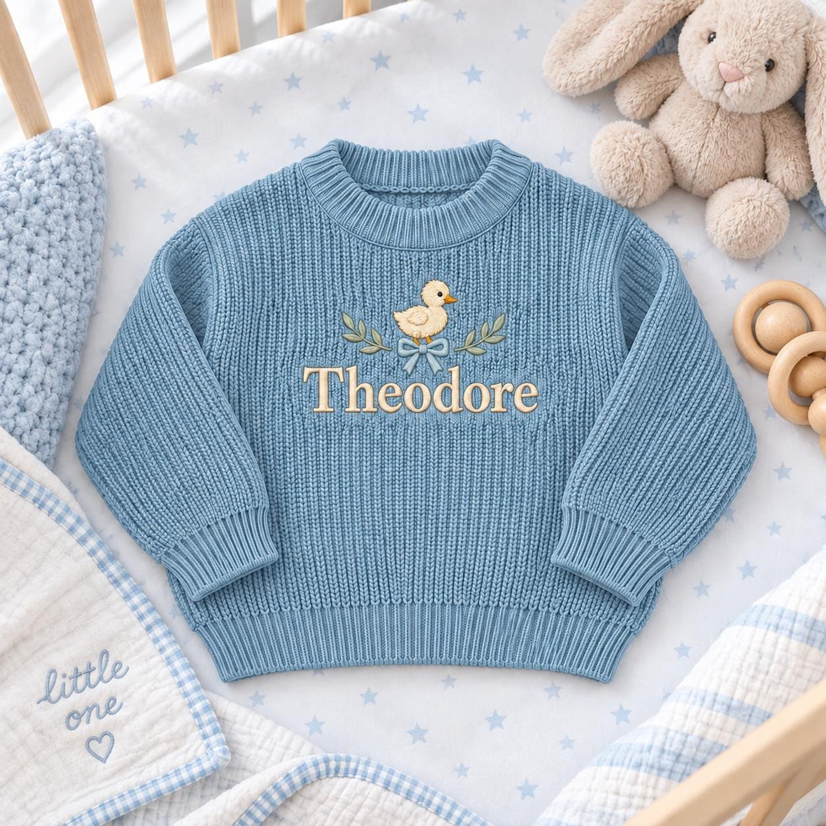 Personalized Baby Sweater, Custom Name Duckling Sweater, Embroidered Baby Boy Knit Pullover, Newborn Toddler Baby Shower Gift