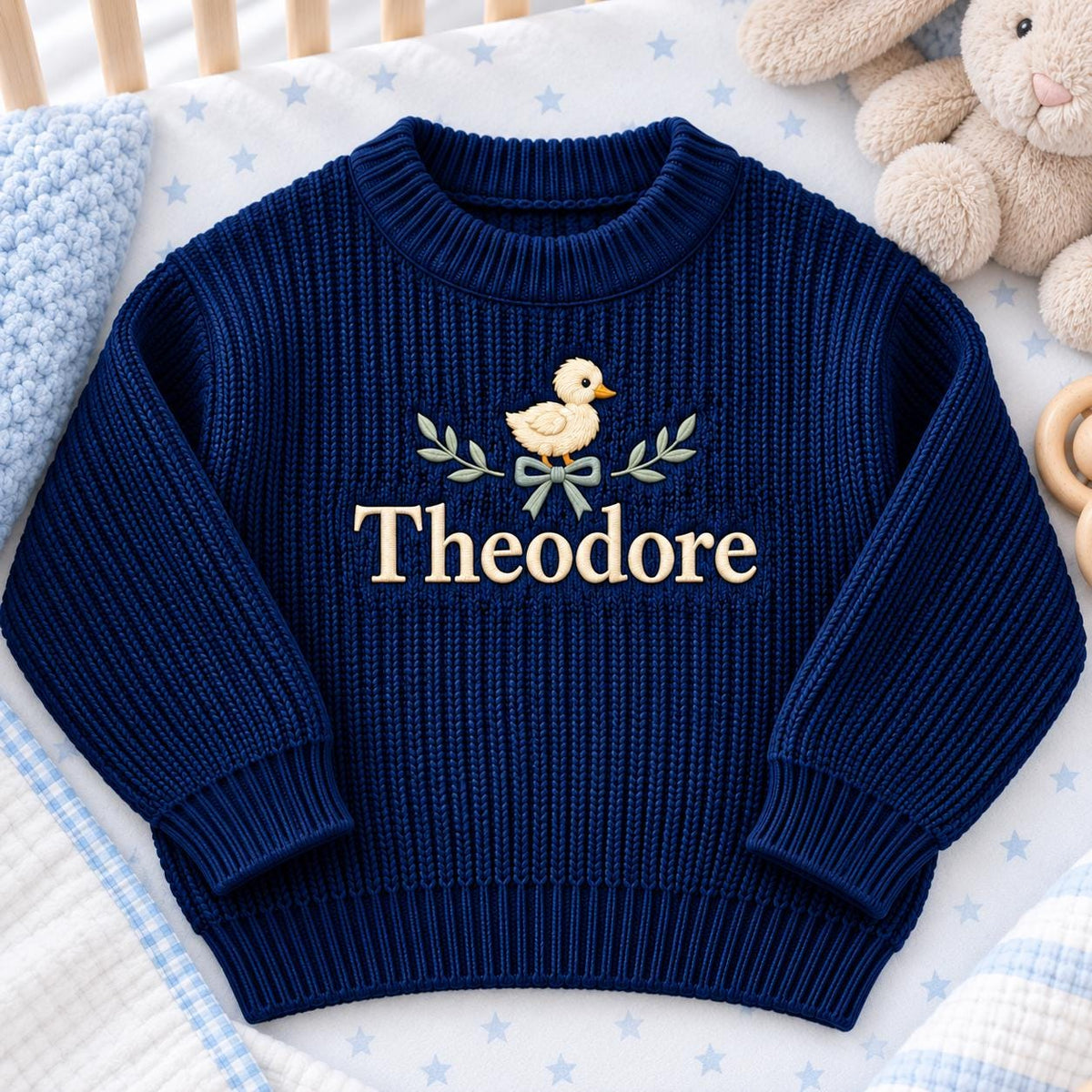 Personalized Baby Sweater, Custom Name Duckling Sweater, Embroidered Baby Boy Knit Pullover, Newborn Toddler Baby Shower Gift