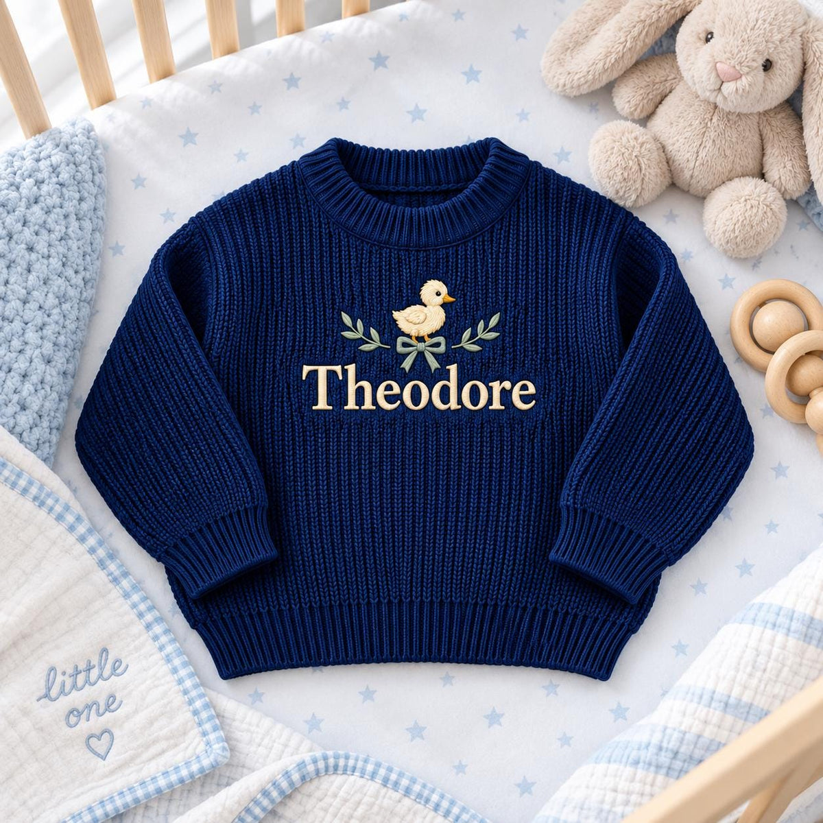 Personalized Baby Sweater, Custom Name Duckling Sweater, Embroidered Baby Boy Knit Pullover, Newborn Toddler Baby Shower Gift