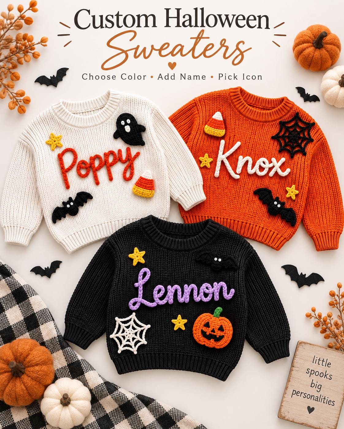 Personalized Halloween Baby Sweater, Boo Crew Custom Name Sweater, Embroidered Ghost Bat Baby Knit Pullover, Toddler Halloween Outfit