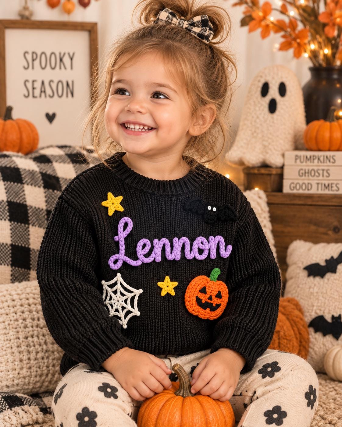Personalized Halloween Baby Sweater, Boo Crew Custom Name Sweater, Embroidered Ghost Bat Baby Knit Pullover, Toddler Halloween Outfit