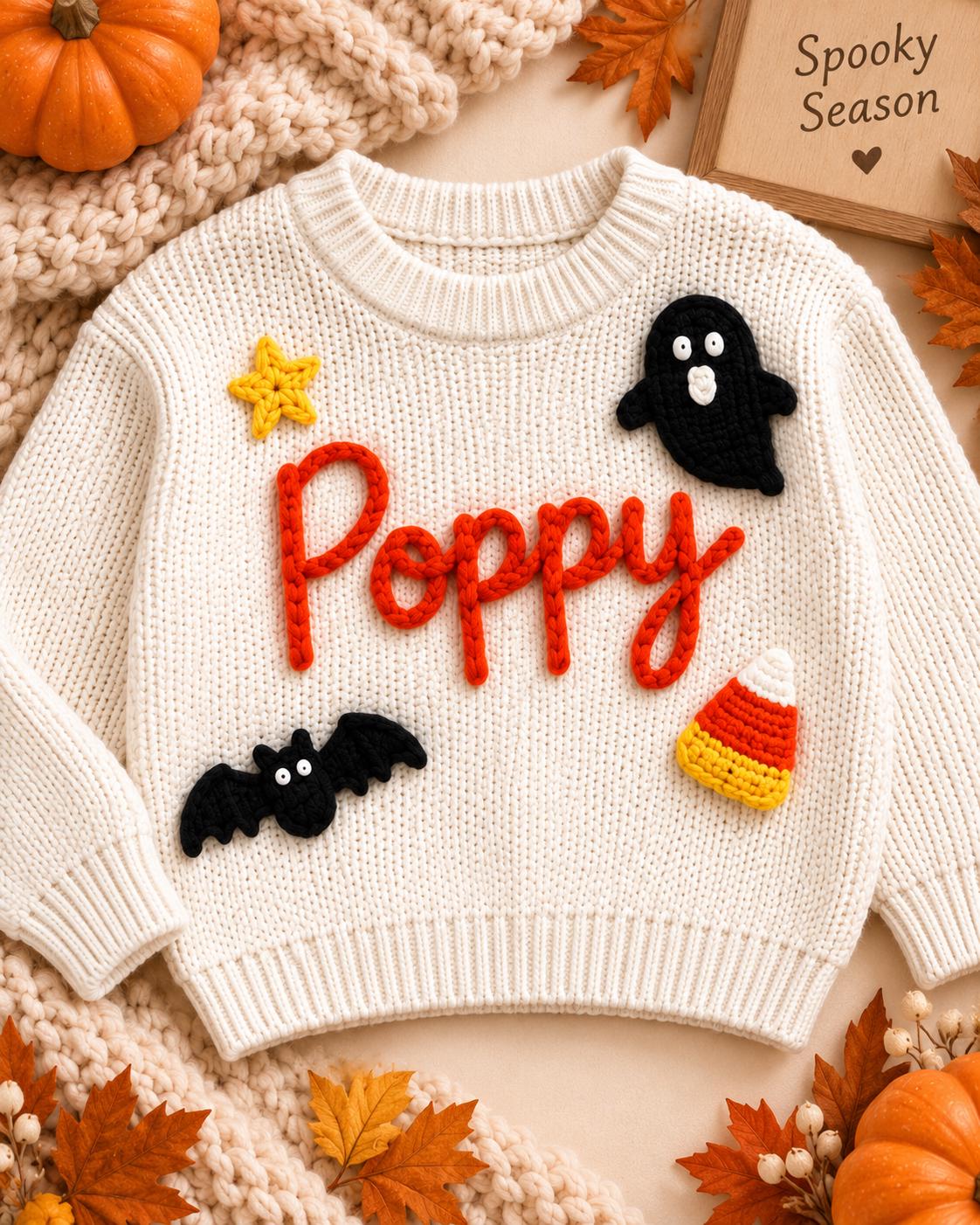 Personalized Halloween Baby Sweater, My First Halloween Outfit, Custom Name Knit Sweater, Toddler Pumpkin Ghost Bat, Baby Halloween Gifts