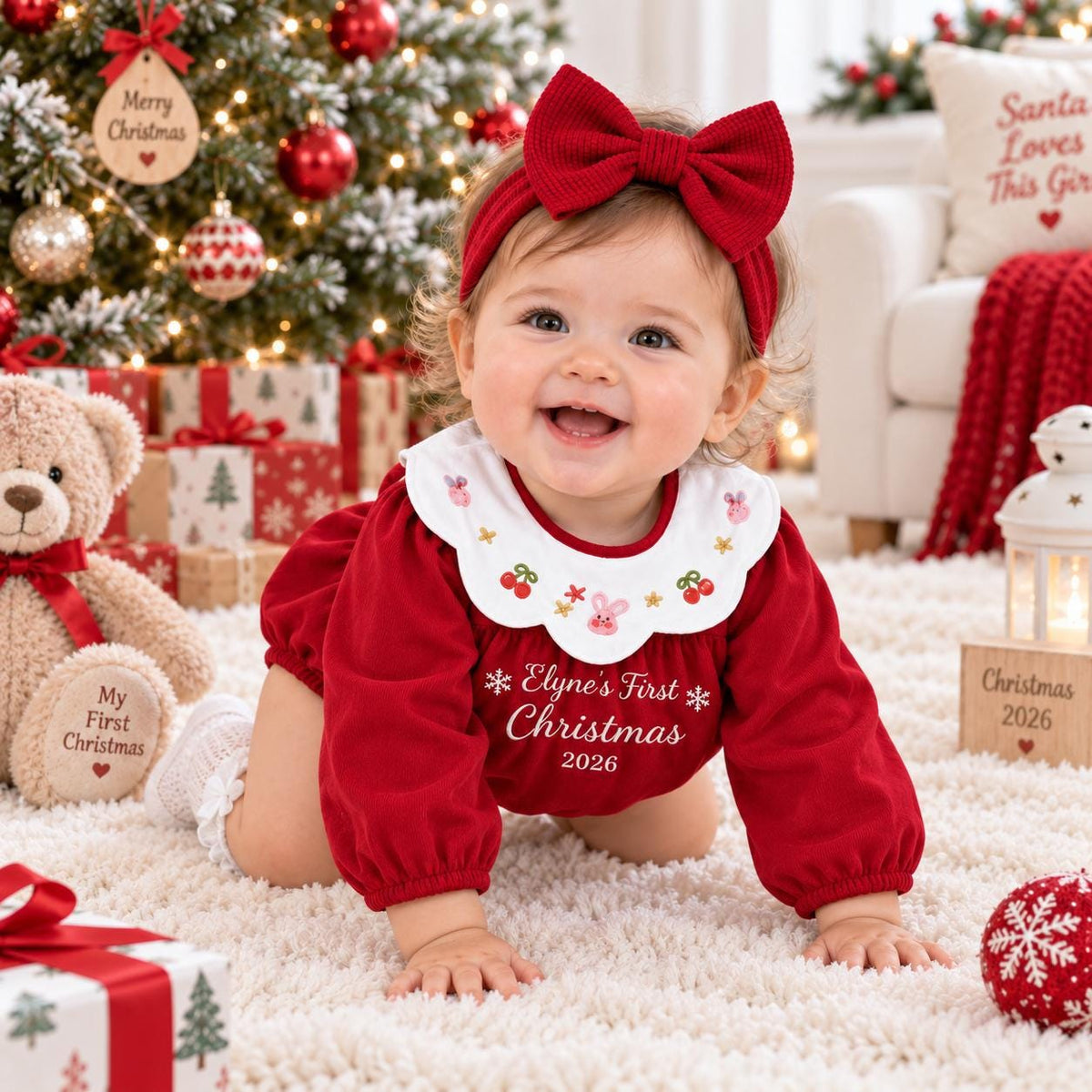 Personalized Baby Christmas Romper, Embroidered Name, First Christmas Outfit