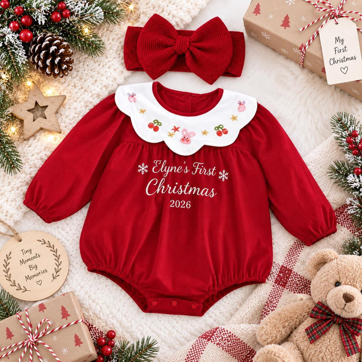 Personalized Baby Christmas Romper, My First Christmas Outfit, Custom Name Embroidered Baby Girl Romper, Holiday Baby Outfit