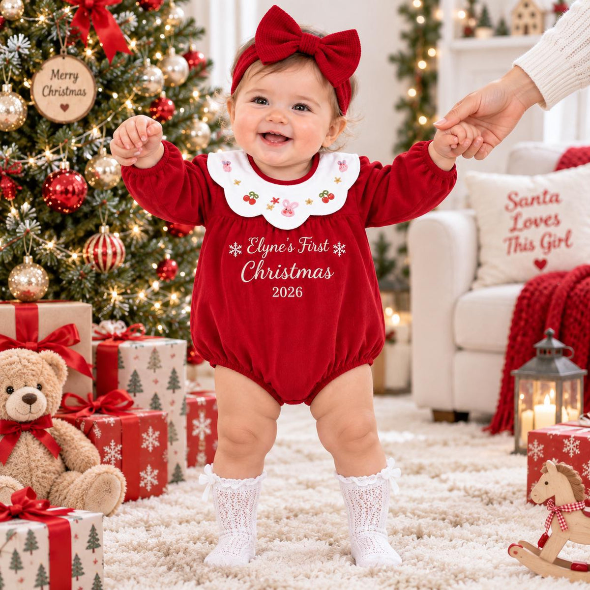 Personalized Baby Christmas Romper, Embroidered Name, First Christmas Outfit