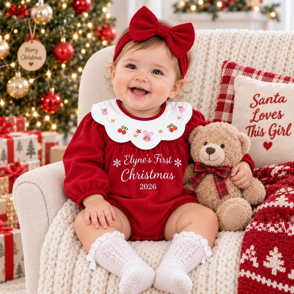 Personalized Baby Christmas Romper, My First Christmas Outfit, Custom Name Embroidered Baby Girl Romper, Holiday Baby Outfit