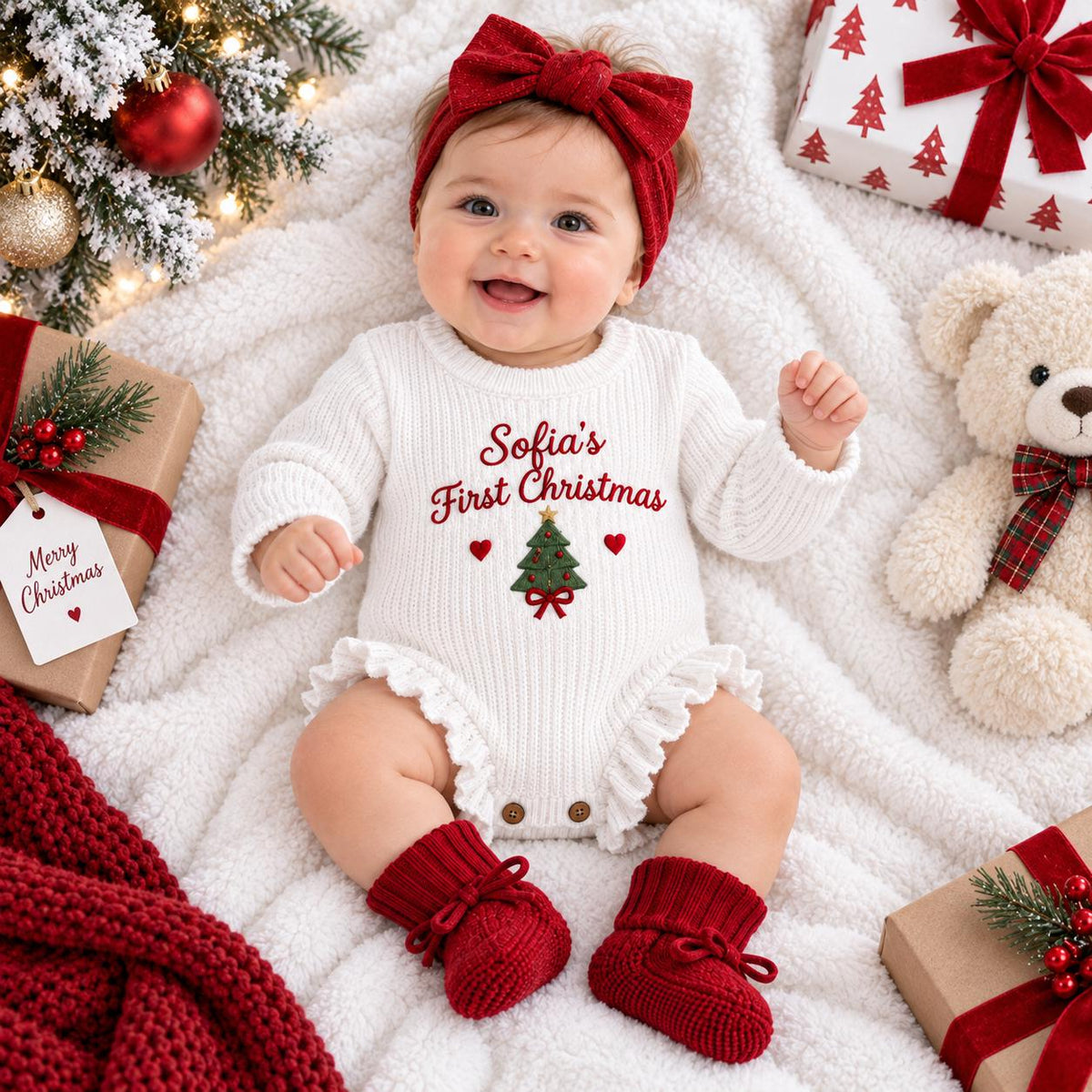 Personalized Baby Christmas Romper Outfit, Embroidered First Christmas Romper, Baby Girl Boy Set, Custom Name Bodysuit Headband Booties