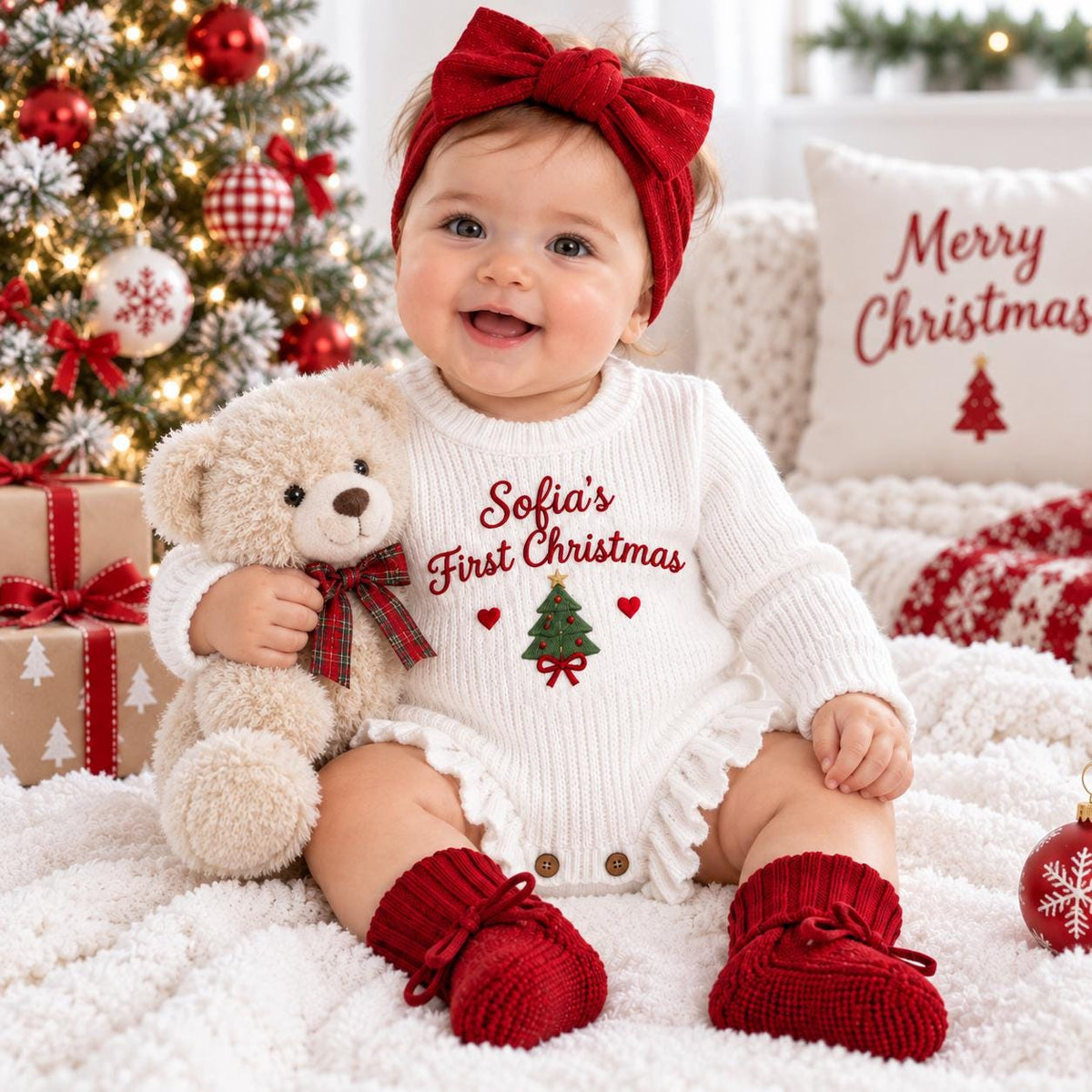 Personalized Christmas Romper, Baby Girl First Christmas Outfit, Custom Name Bodysuit, Headband and Booties Holiday Set