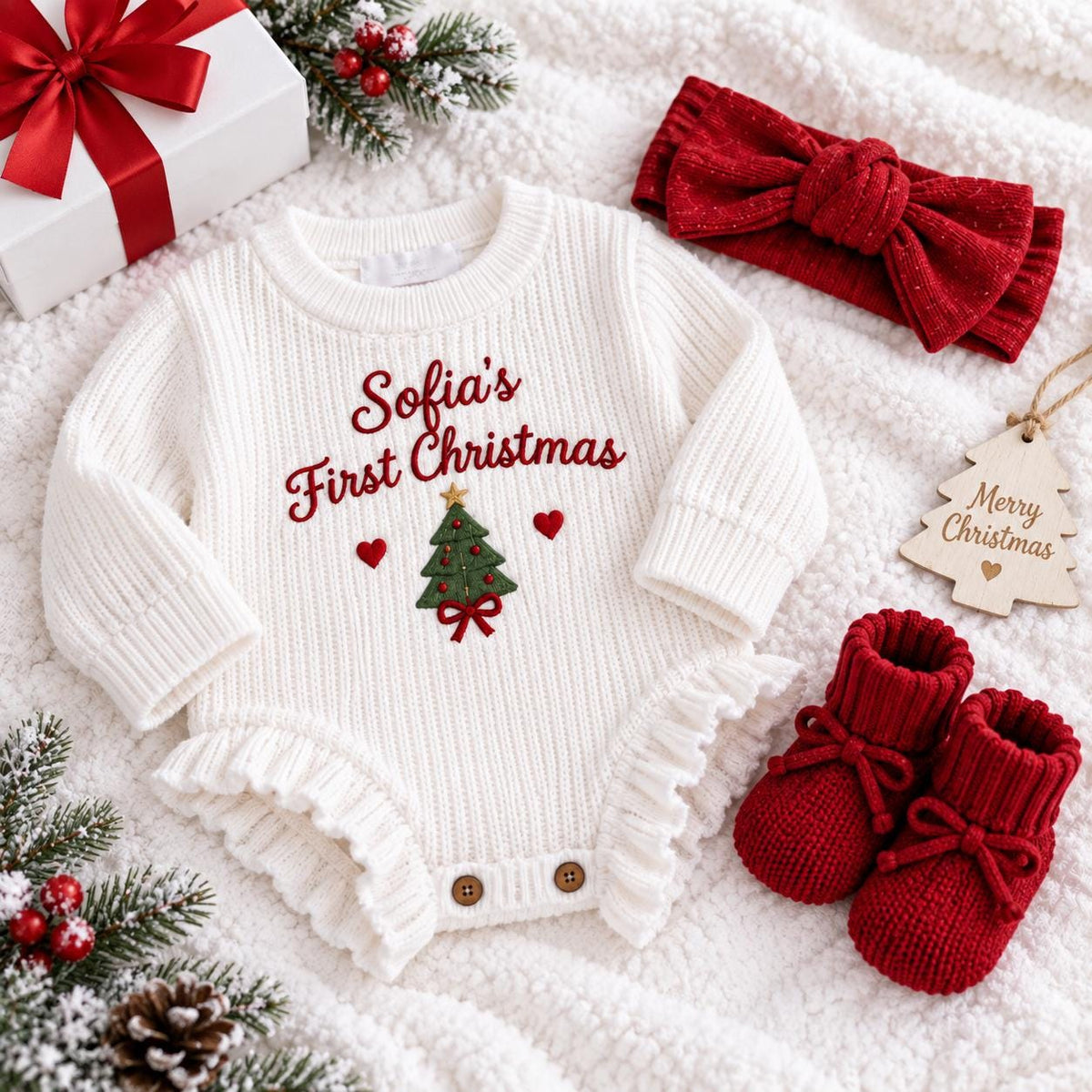 Personalized Baby Christmas Romper Outfit, Embroidered First Christmas Romper, Baby Girl Boy Set, Custom Name Bodysuit Headband Booties
