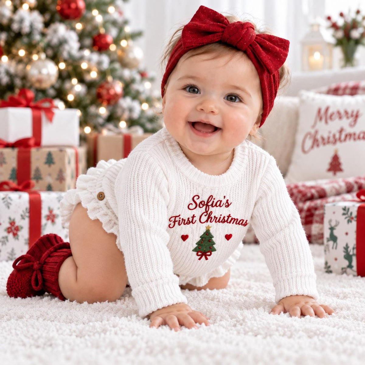 Personalized Baby Christmas Romper Outfit, Embroidered First Christmas Romper, Baby Girl Boy Set, Custom Name Bodysuit Headband Booties