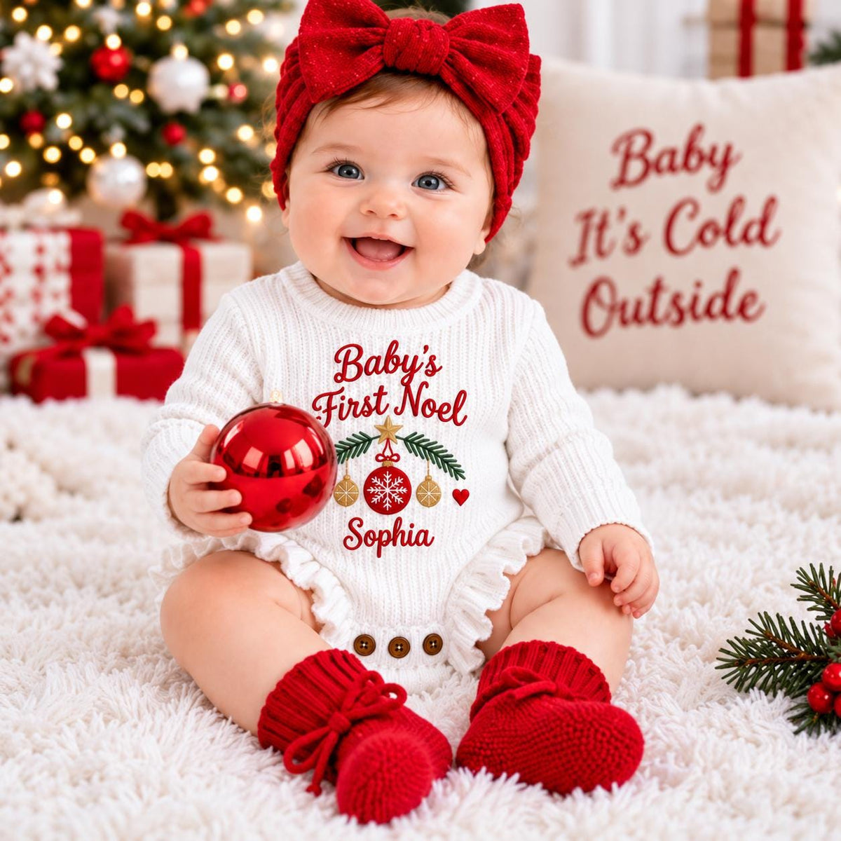 Personalized Baby Christmas Romper, First Christmas Outfit, Custom Embroidered Name Bodysuit, Baby Girl Boy Xmas Outfit