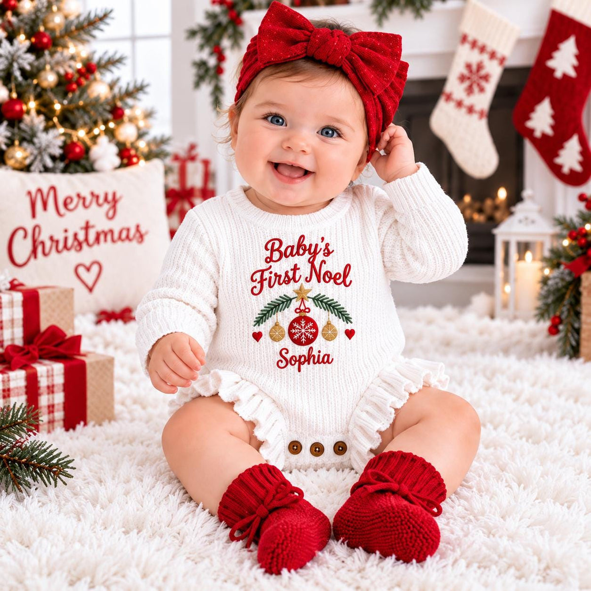 Personalized Baby Christmas Romper, First Christmas Outfit, Custom Embroidered Name Bodysuit, Baby Girl Boy Xmas Outfit