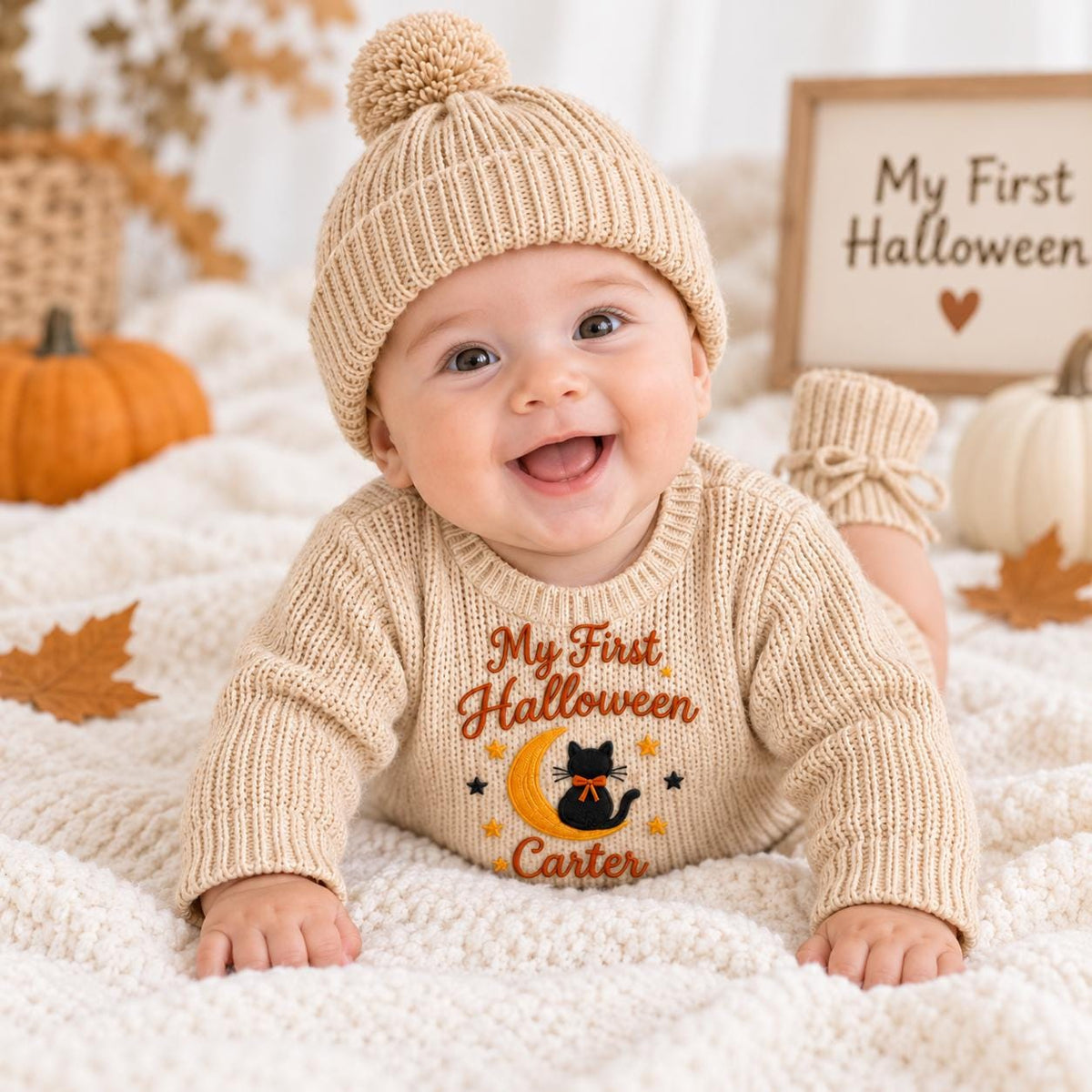 Personalized First Halloween Outfit, Custom Baby Name Romper, Embroidered Halloween Bodysuit, Black Cat Moon Baby Gift