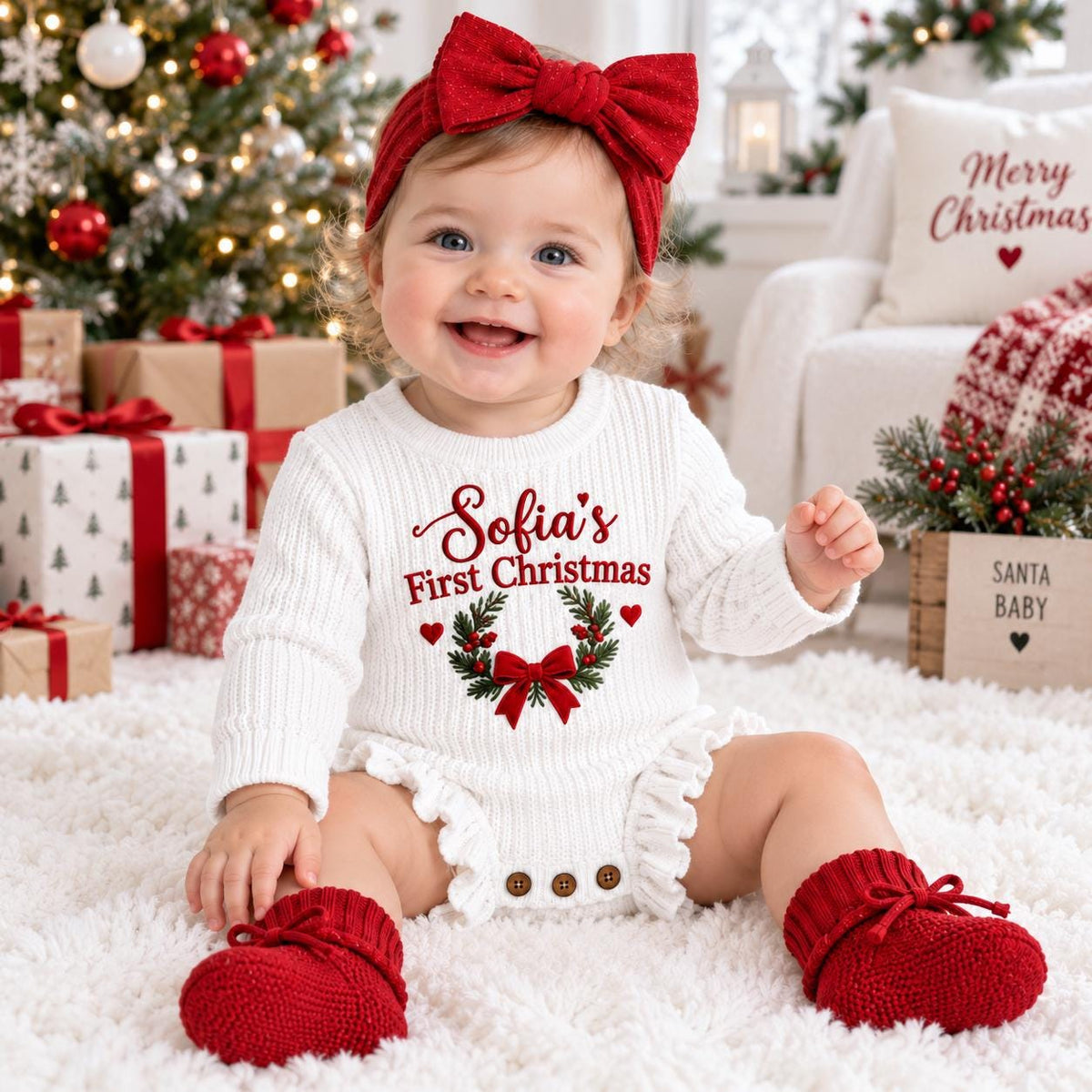 Personalized Baby Christmas Romper, First Christmas Outfit, Custom Name Embroidered Romper, Baby Girl Christmas Outfit