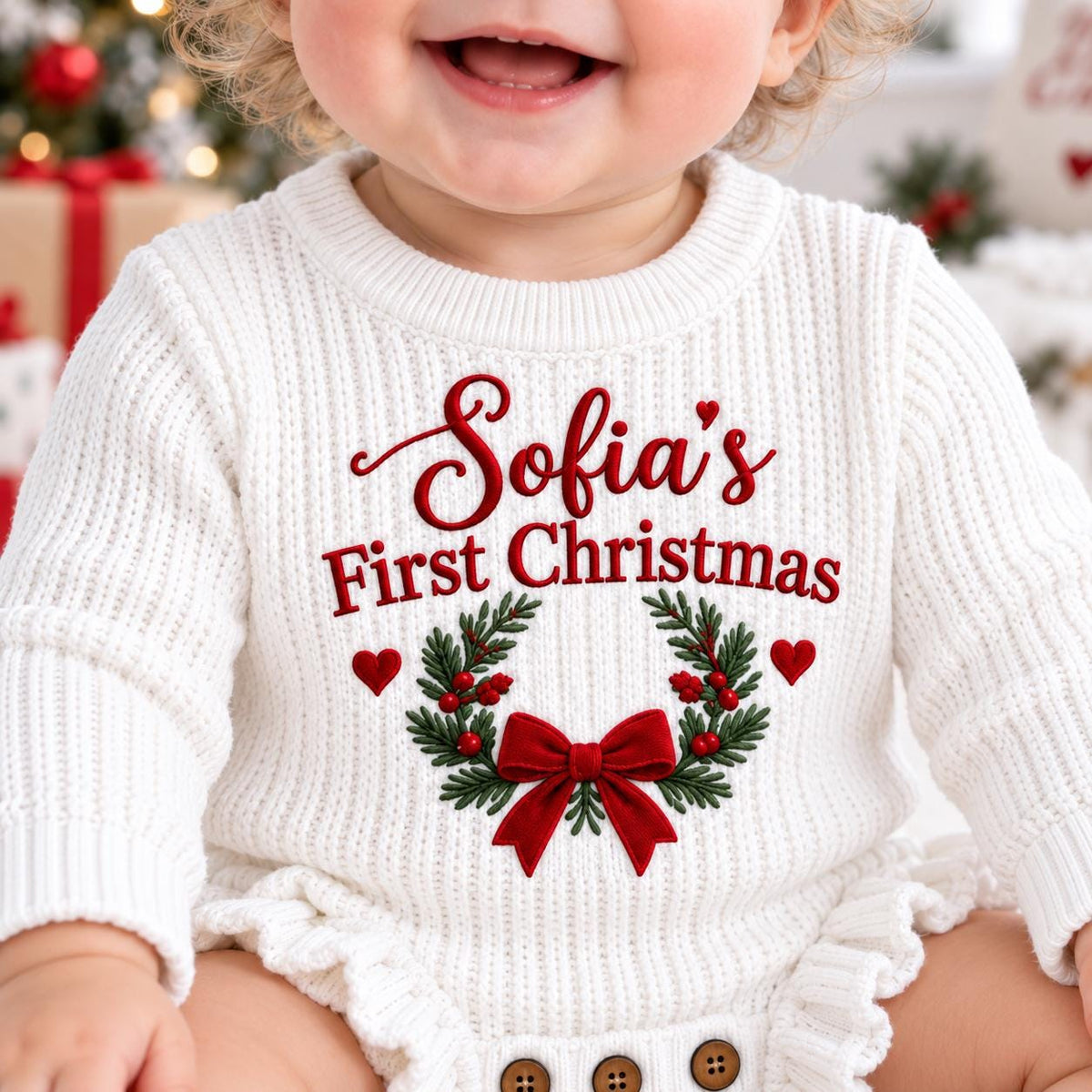 Personalized Baby Christmas Romper, First Christmas Outfit, Custom Name Embroidered Romper, Baby Girl Christmas Outfit