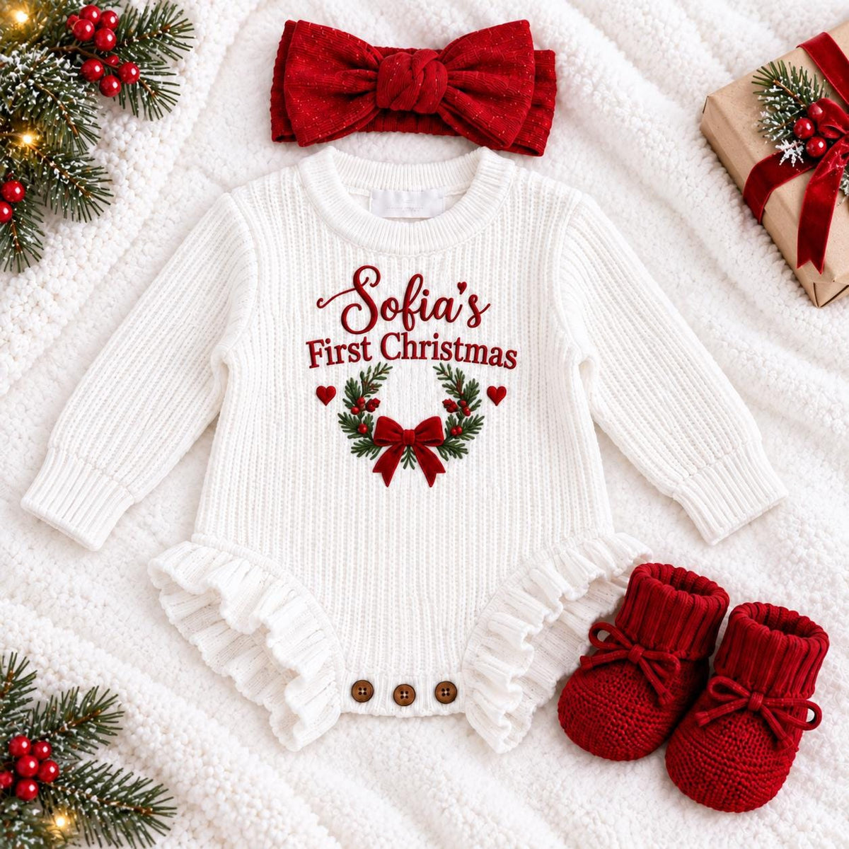 Personalized Baby Christmas Romper, First Christmas Outfit, Custom Name Embroidered Romper, Baby Girl Christmas Outfit