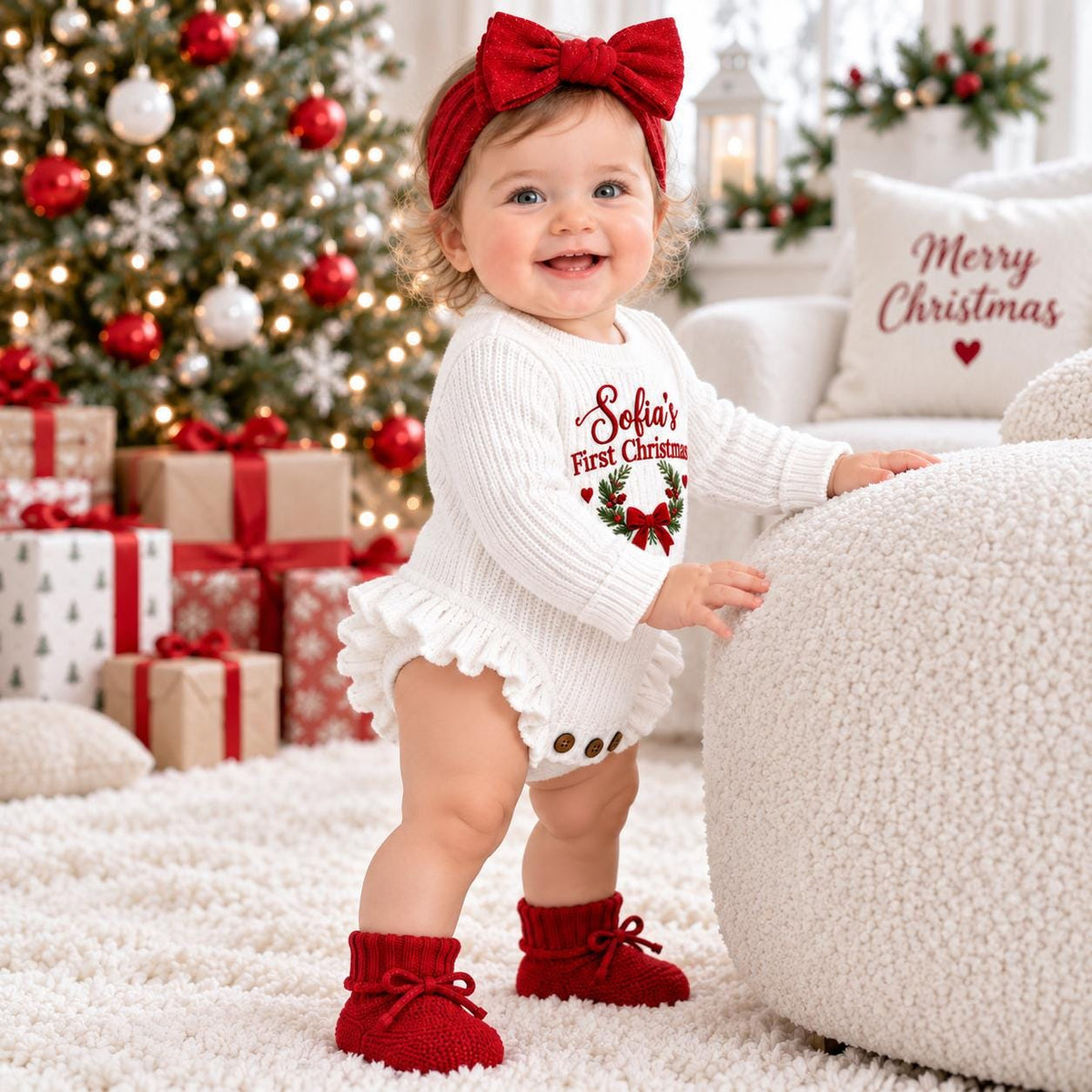 Personalized Baby Christmas Romper, First Christmas Outfit, Custom Name Embroidered Romper, Baby Girl Christmas Outfit