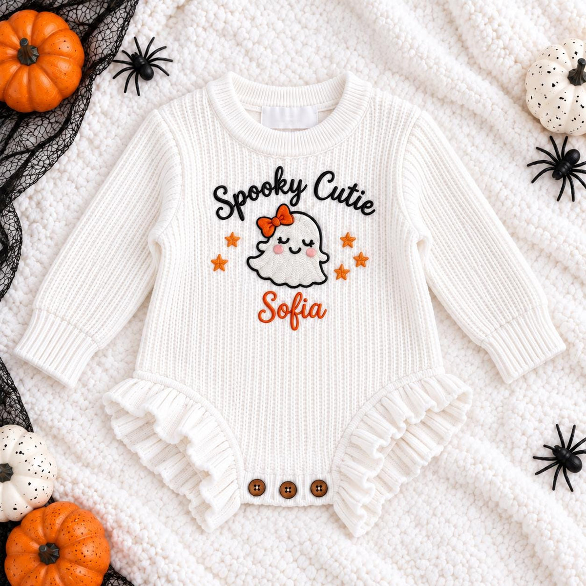 Personalized First Halloween Outfit, Custom Baby Name Romper, Embroidered Halloween Bodysuit, Baby Ghost