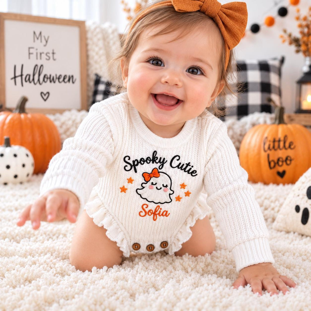 Personalized First Halloween Outfit, Custom Baby Name Romper, Embroidered Halloween Bodysuit, Baby Ghost