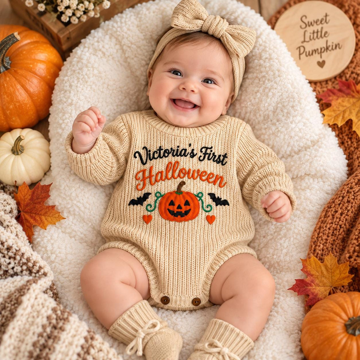 Personalized Baby Halloween Romper, Embroidered First Halloween Outfit, Little Pumpkin Bodysuit, Custom Baby Fall Outfit
